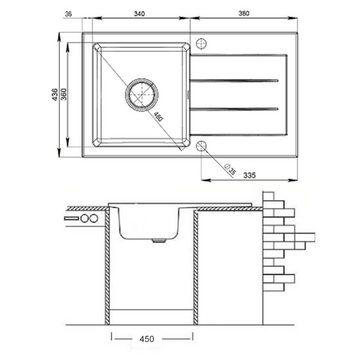 Bergstroem Küchenspüle Granitspüle Verbundspüle mit Siphon VOX Schwarz, rechteckig, 75/43,4 cm, beidseitig montierbar
