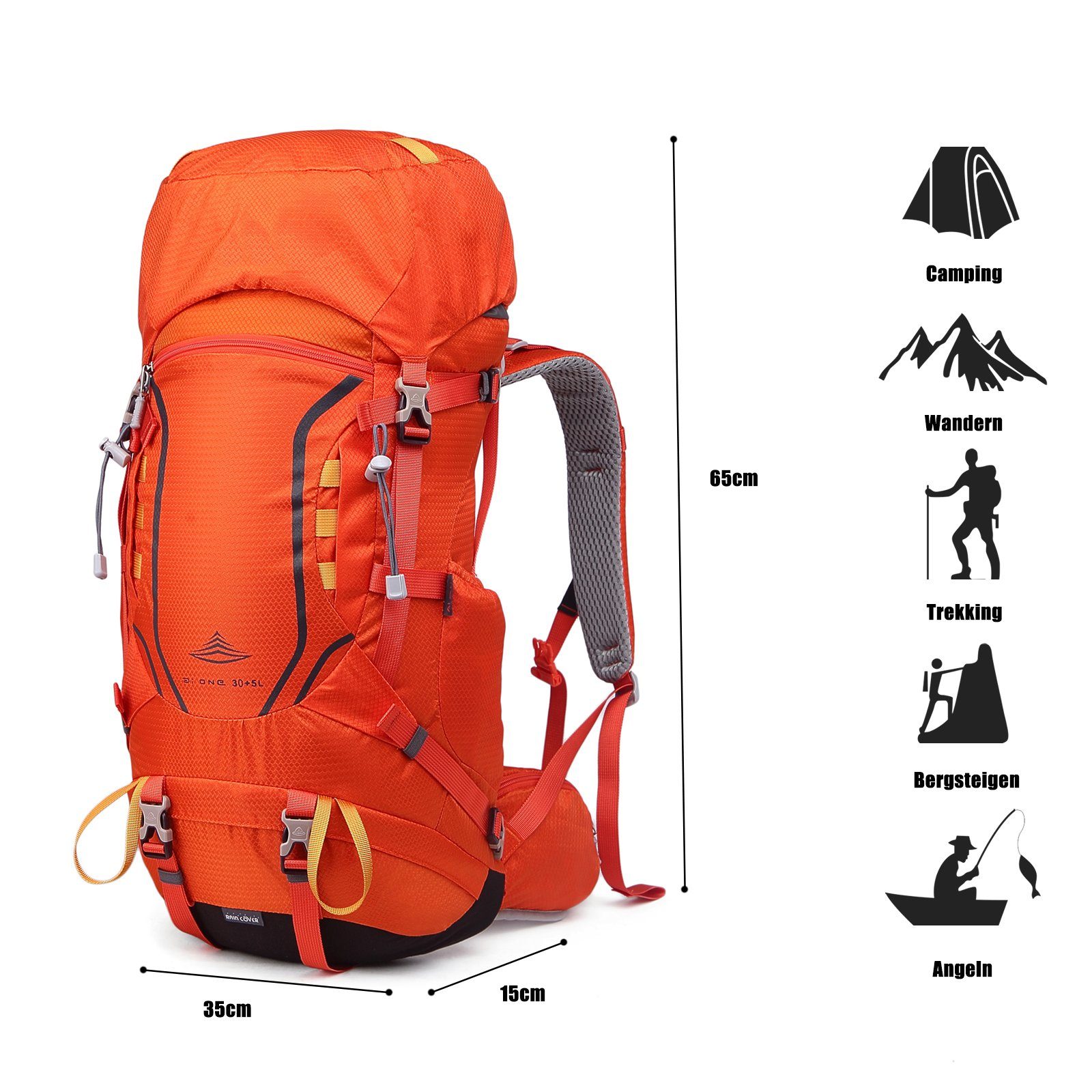 TAN.TOMI Kletterrucksack 35L Multifunktionaler Outdoor (Einschließlich für Orange Regenschutz), mit Trekking Regenschutz (30L+5L) Großer Wasserdicht Camping Reisen Wanderrucksack