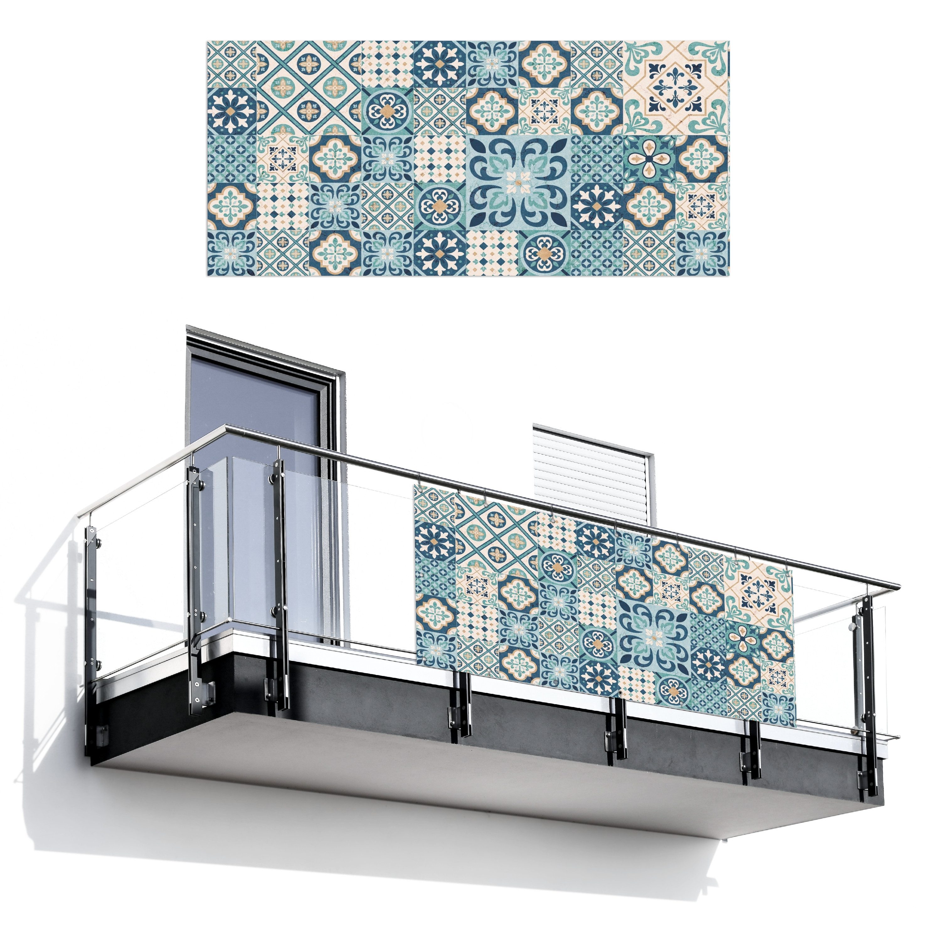 MuchoWow Экран конфиденциальности балкона Blumen - Blau - Design - Fliese (1-St) Balkon Sichtschutz 90x200, Windschutz für Zaun PVC, 200x90 cm