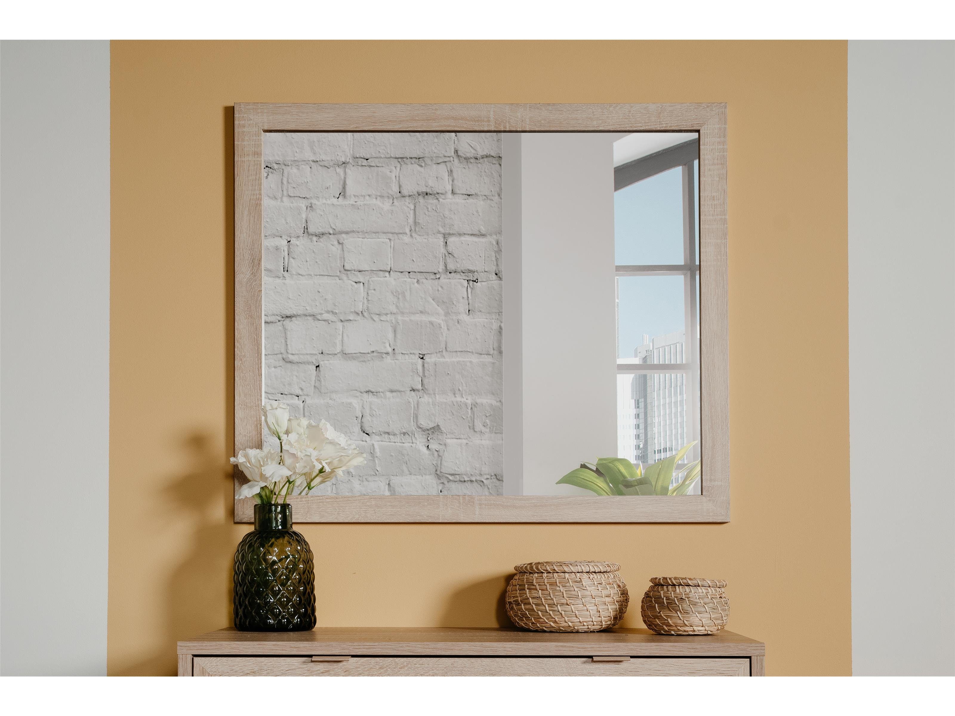 möbelando Wandspiegel Kuta, Spiegel im Rafia-Geflecht Dekor, der Korpus im Dekor Sonoma Eiche und Rahmenfronten auf Gehrung geschnitten | Wandspiegel