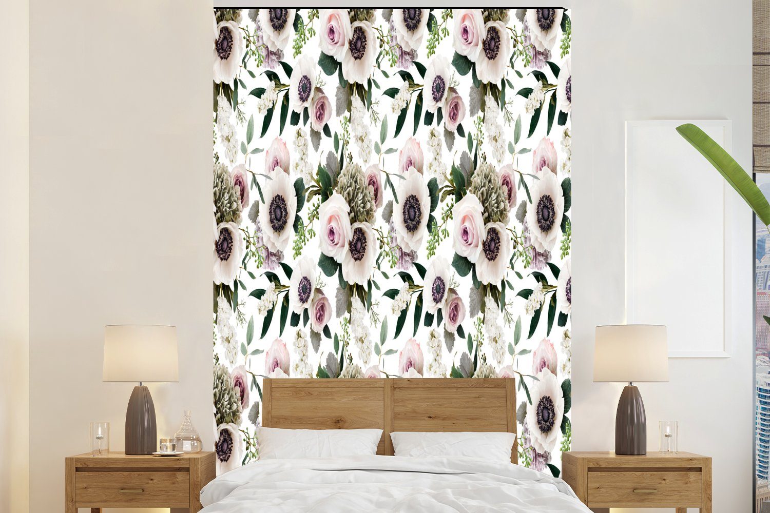 MuchoWow Fototapete Blumen - Rosen - Muster, Matt, bedruckt, (3 St), Montagefertig Vinyl Tapete für Wohnzimmer, Wandtapete