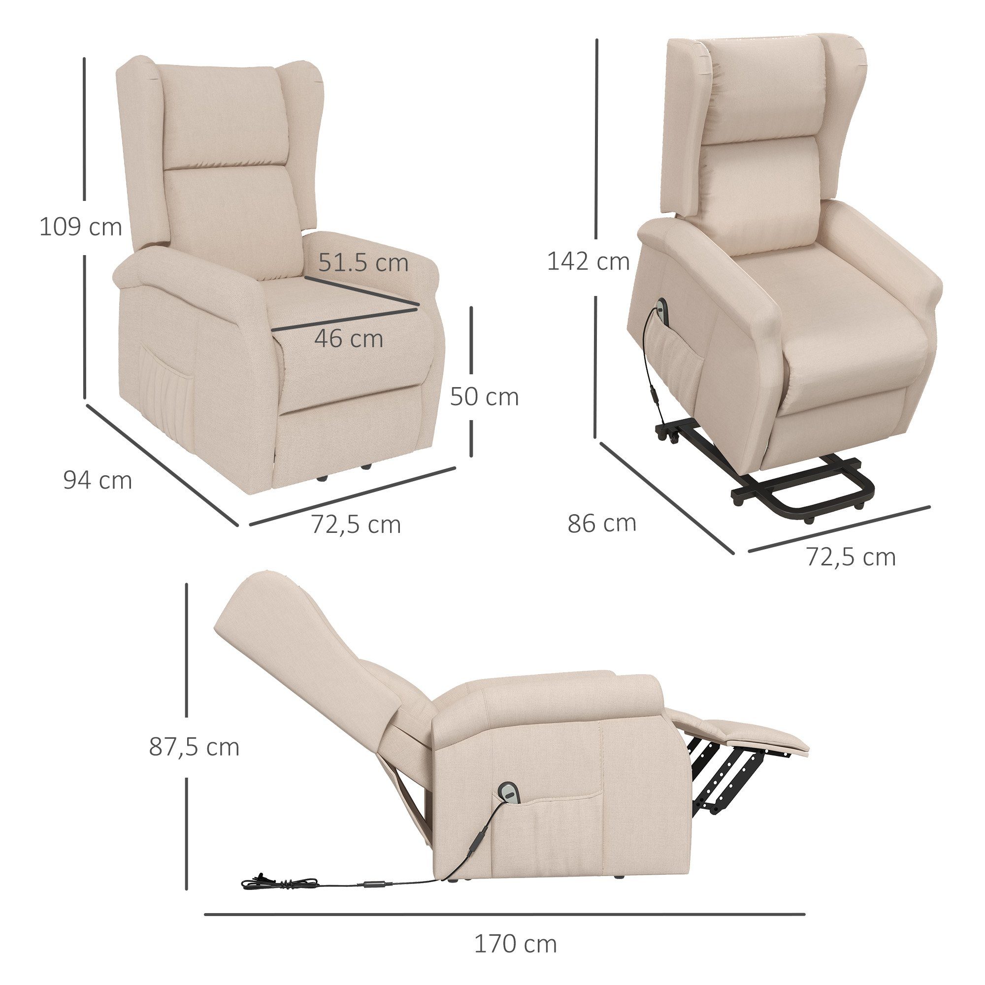 HOMCOM Massagesessel elektrischer Sessel mit Aufstehhilfe, TV-Sessel mit  Liegefunktion (Aufstehsessel, 1-St., Fernsehsessel), bis 200 kg belastbar