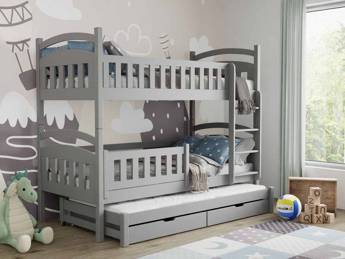 Deine Möbel 24 Etagenbett Hochbett Kinderbett MIA für 3 Kinder 90x200 Grau (Matratzen optional