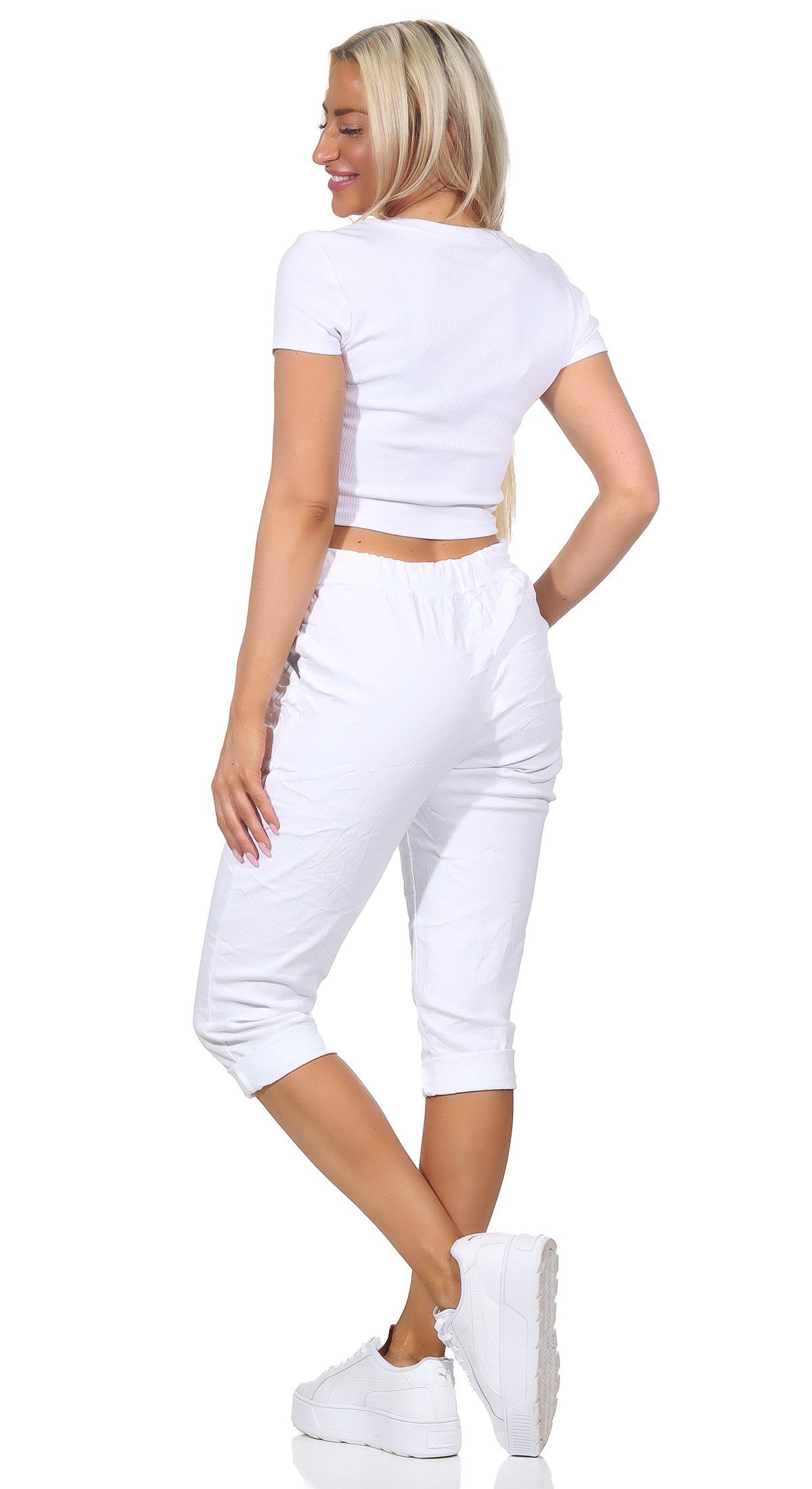 Aurela Damenmode 7/8-Hose Weiß Kordelzug, und Hose in Bermuda Jeans Sommerhose sommerlichen Kurze 36-44 Farben, Damen Taschen Capri