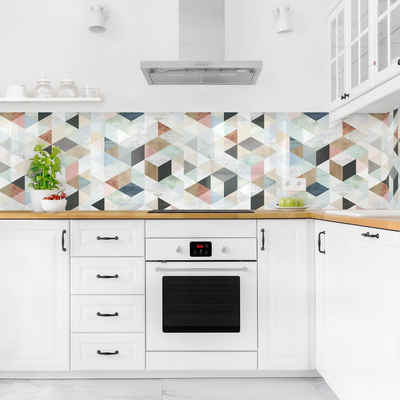 Bilderdepot24 Küchenrückwand pastell dekor Abstrakt Muster Aquarell-Mosaik mit Dreiecken III, (1-tlg., Nischenrückwand - für Fliesenspiegel ohne Bohren - matt), Spritzschutz Rückwand Küche Herd - Folie selbstklebend versch. Größen