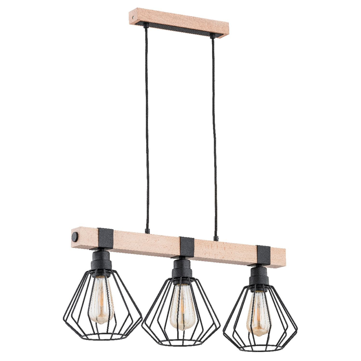 Licht-Erlebnisse Pendelleuchte ZERON, ohne Leuchtmittel, Metall Holz H: max. 90 cm Natur Schwarz E27 3-flammig länglich