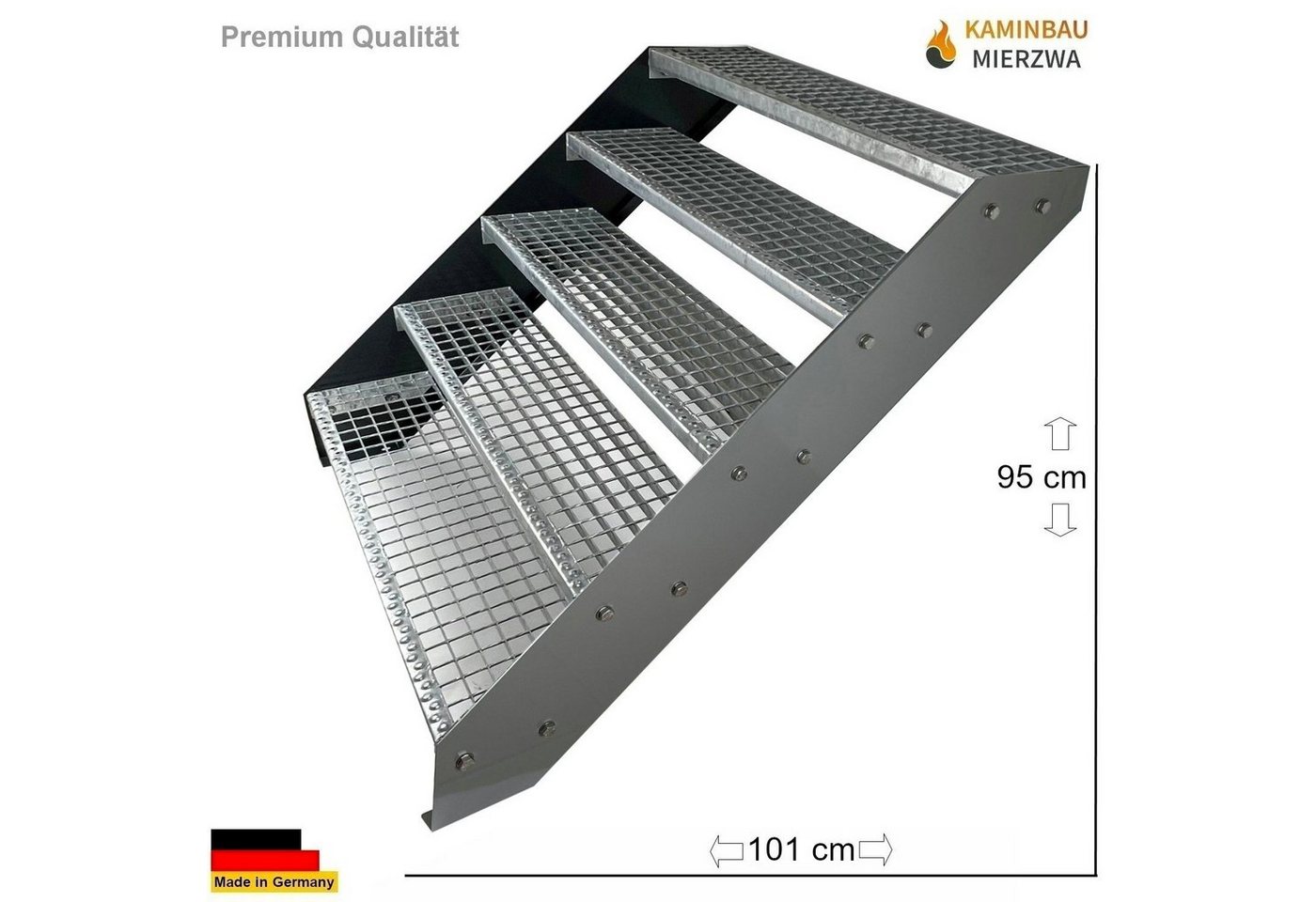 Thumbnail - Kaminbau Mierzwa Außentreppe Premium Treppe Silber Höhe Verstellbar, für Geschosshöhen bis 95 cm, Stufen Gitterroststufe...