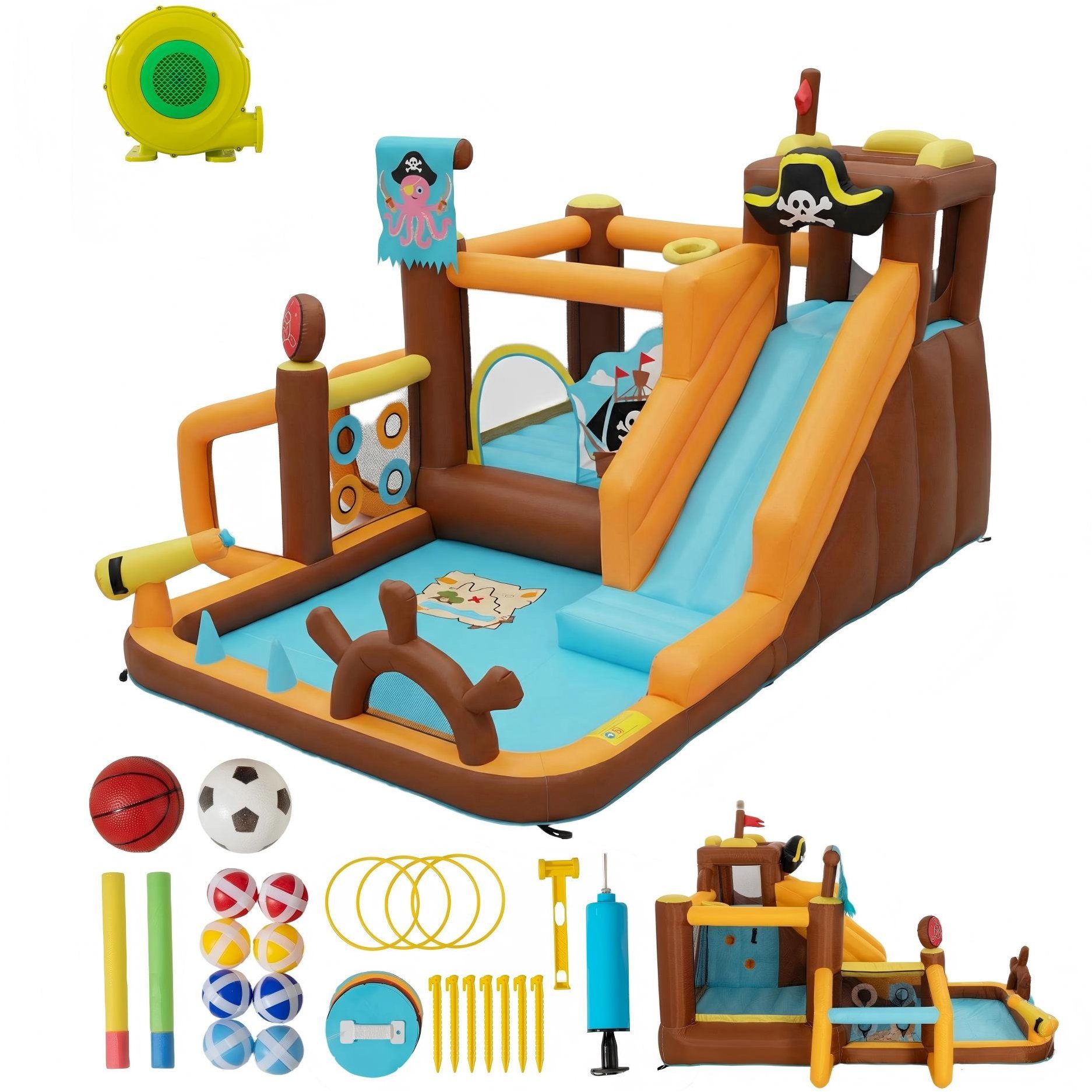 UEV Hüpfburg mit Gebläse Groß Piraten-Thema Aufblasbare Wasserpark Springburg, (394x326x243cm XXL für Kinder von 3-8 Jahre, mit Kletterwand Sicherheitsnetz Kindergeburtstag), für Indoor und Outdoor Wasserrutsche Springen