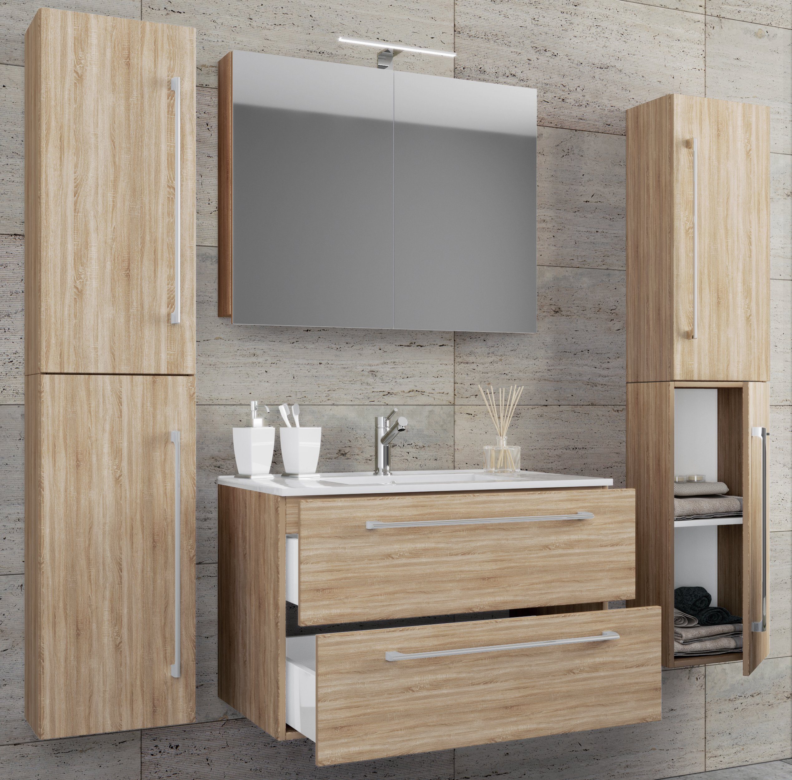 VCM Waschtisch 5-tlg. Waschplatz Waschtisch Badinos Schublade SC (Set, 5-St., 1x Unterschrank 1x Waschbecken 1x Spiegelschrank 1x Hochschrank)