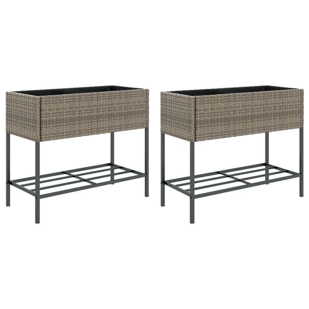 vidaXL Hochbeet Hochbeete mit Ablage 2 Stk. Grau 90x40x75 cm Poly Rattan (2 St)