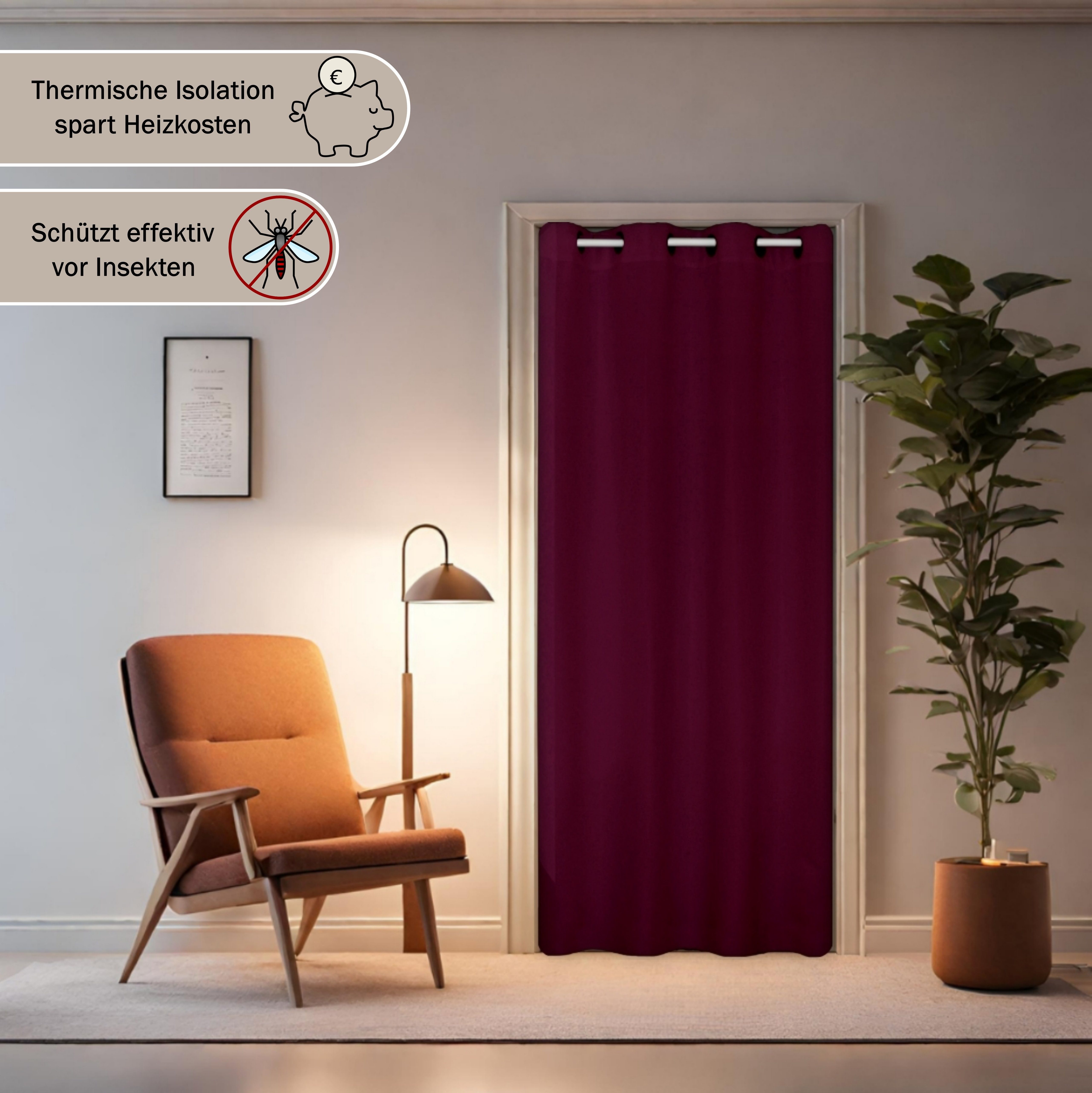 Vorhang tinycurtains, 70-120 rot Bordeaux Türgardine mit Ösen, (Berry) Vorhang verdunkelnd, mit cm Polyester, ohne bordeaux Thermo Stange Tür blickdicht, Berry, weiß Klemmstange Raumtrenner Türvorhang Bohren,