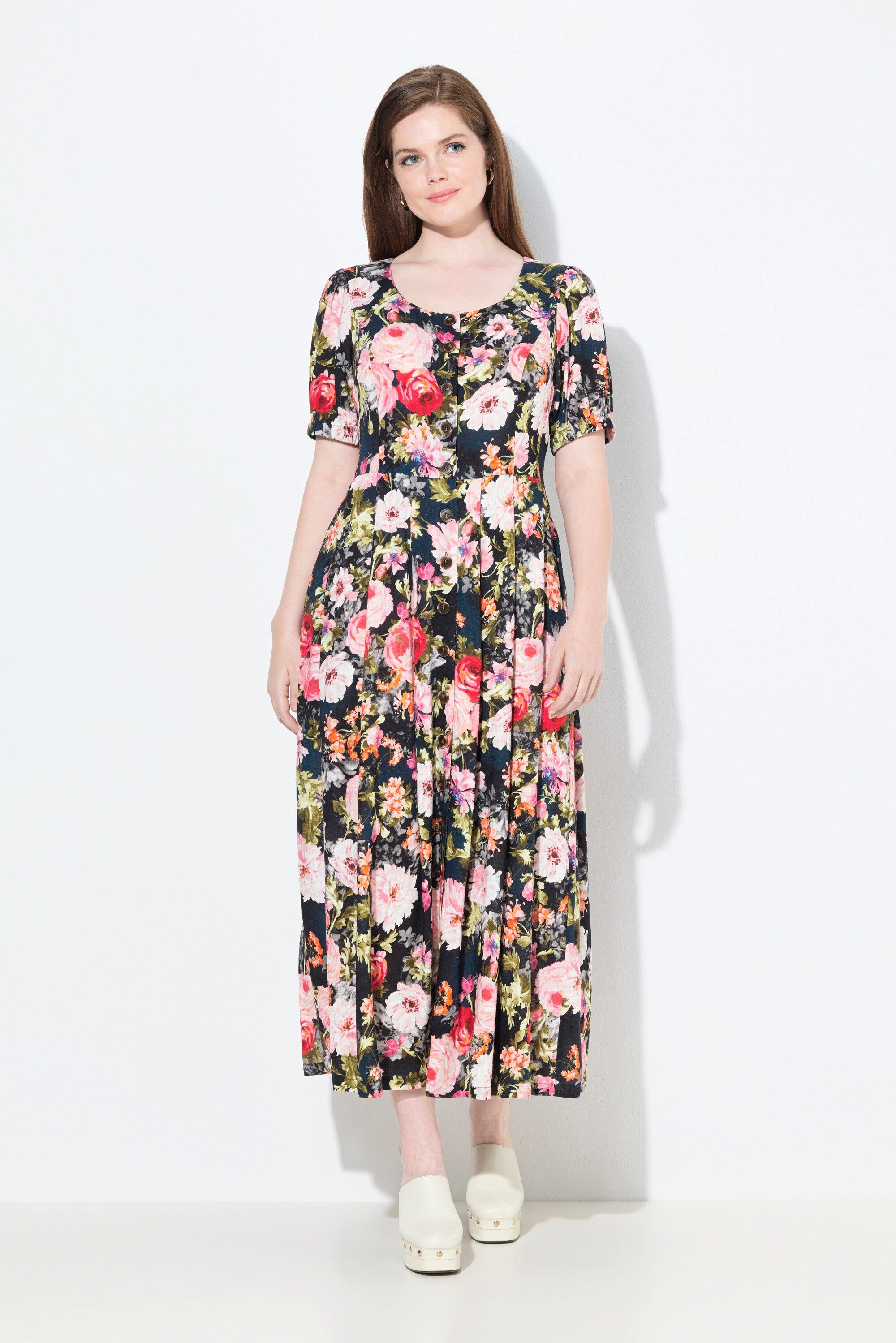 Ulla Popken Dirndl Maxikleid Leinenmix Blüten Rundhals Halbarm günstig online kaufen