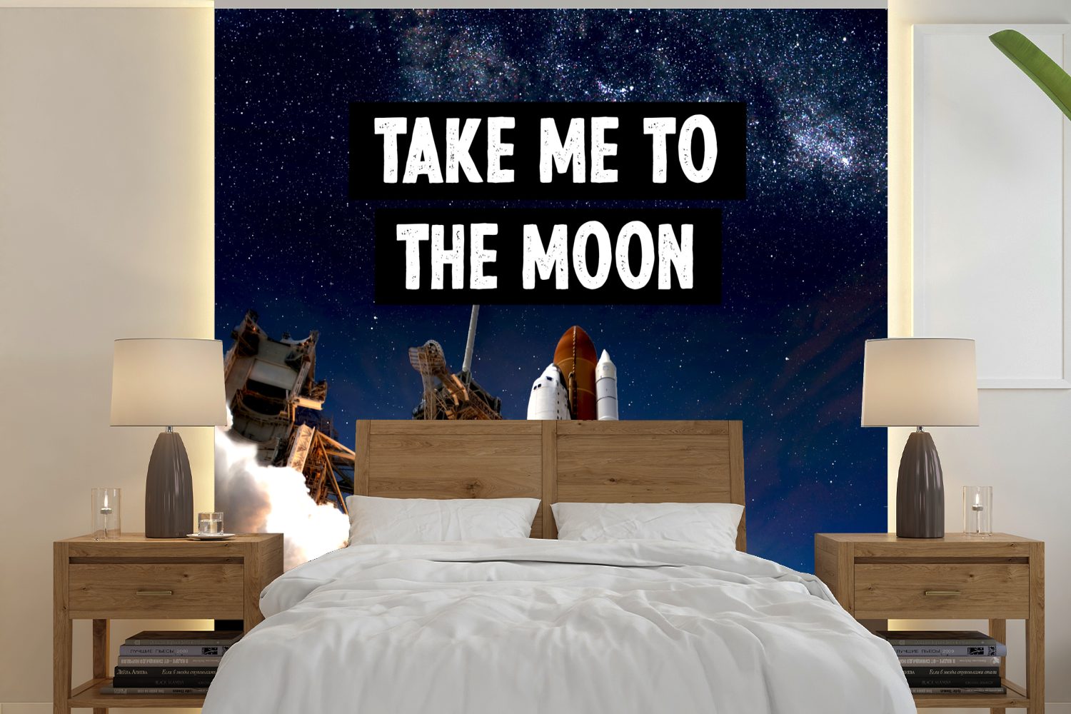 MuchoWow Fototapete Rakete - Zitate - 'Bring mich zum Mond' - Sprichwörter - Jungen -, Matt, bedruckt, (5 St), Vinyl Tapete für Wohnzimmer oder Schlafzimmer, Wandtapete