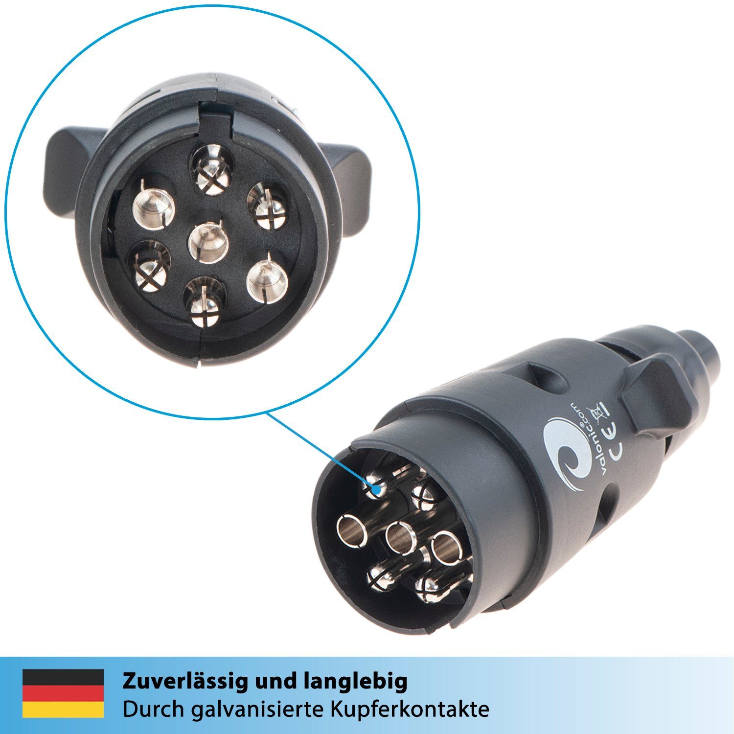 valonic valonic Premium Anhänger Stecker - 7 polig, schwarz - inkl. Schablone Anhänger-Adapter 7 polig zu Anhänger-Kabelbaum, inkl. Verkabelungshilfe - für Anhänger und Wohnwagen