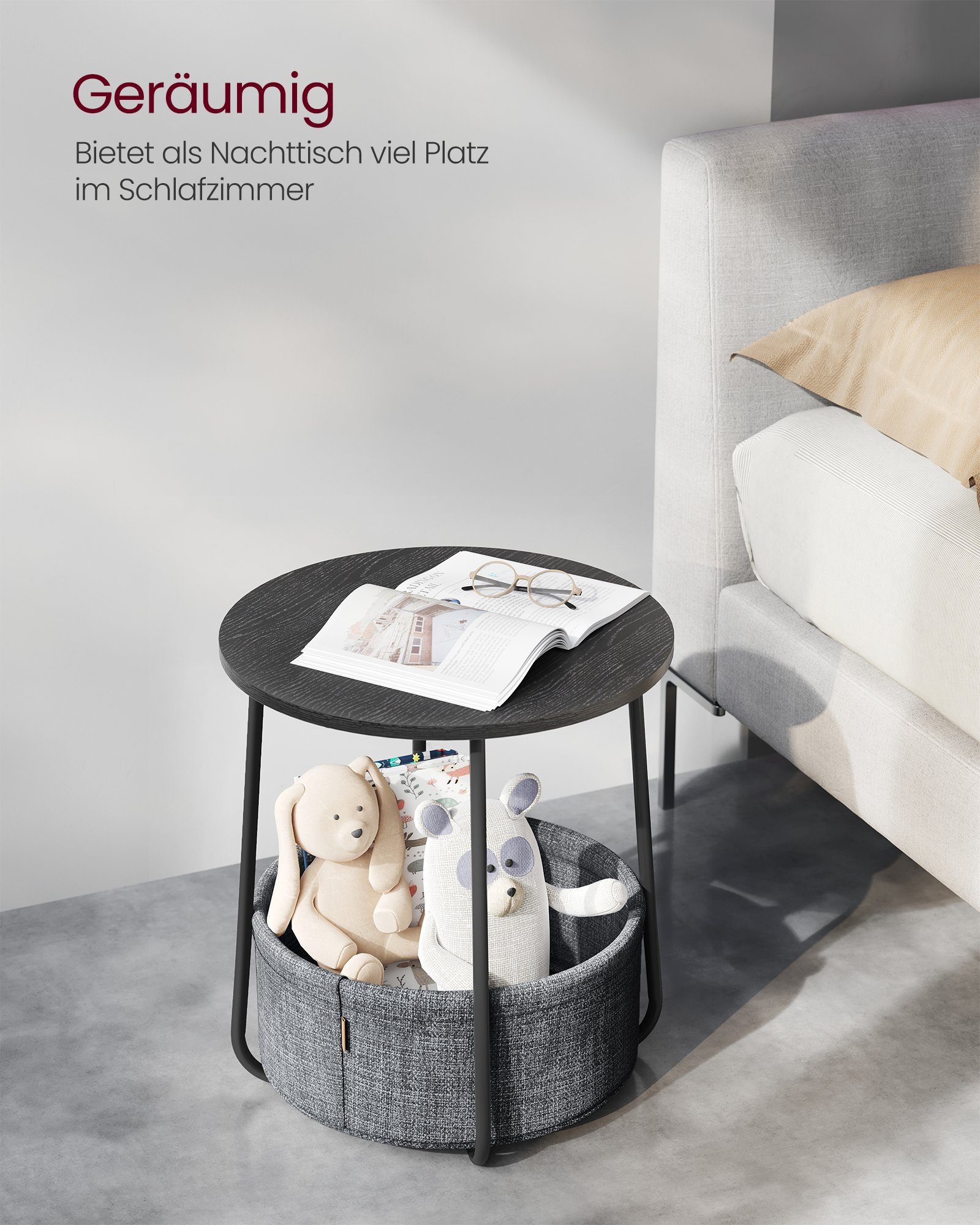 VASAGLE Beistelltisch, rund, Couchtisch, mit Korb aus Stoff, Ø45 cm, modern