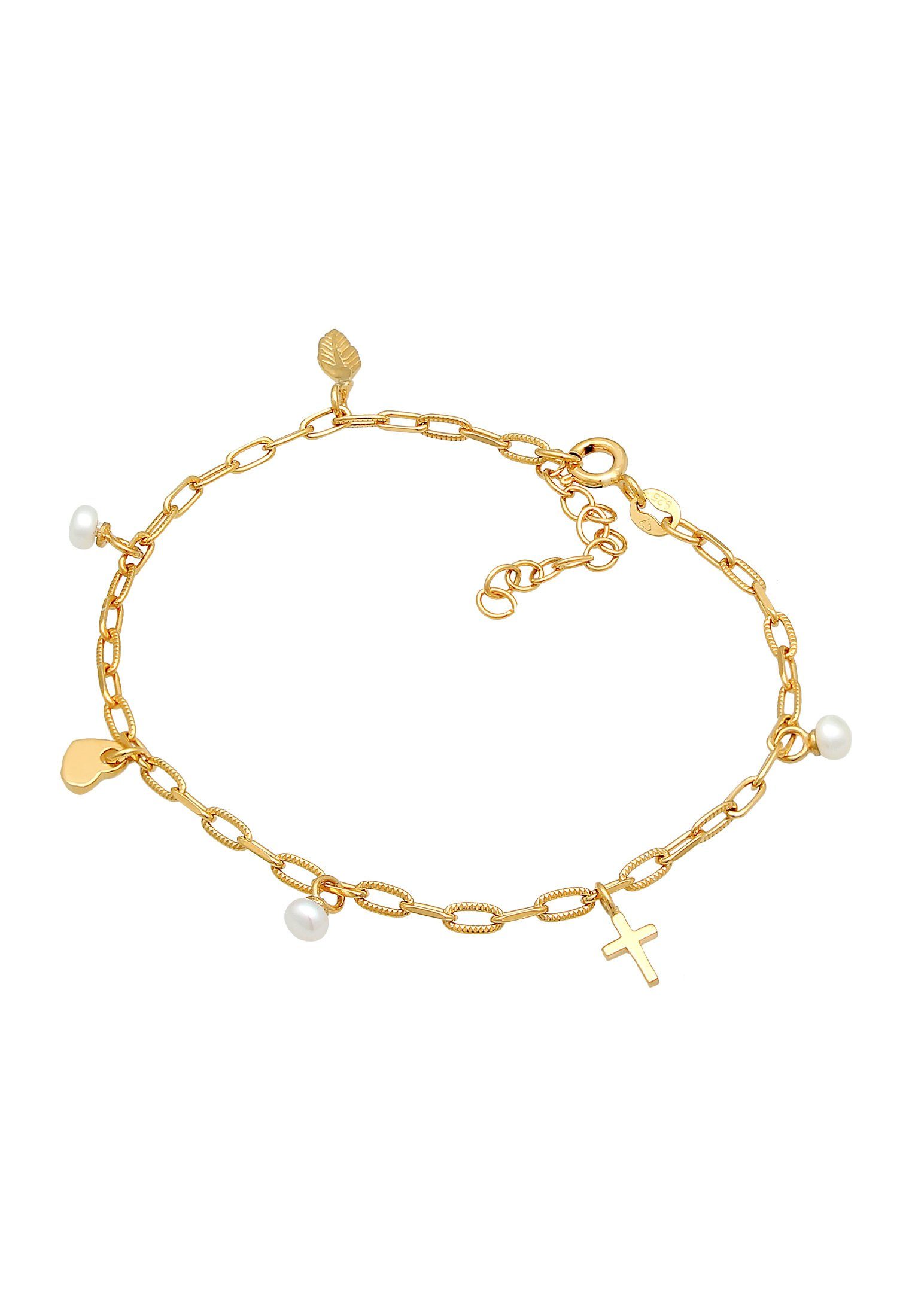 Elli Perlenarmband Kreuz Feder Herz Süßwasserperle Charm 925 Silber, Feder günstig online kaufen