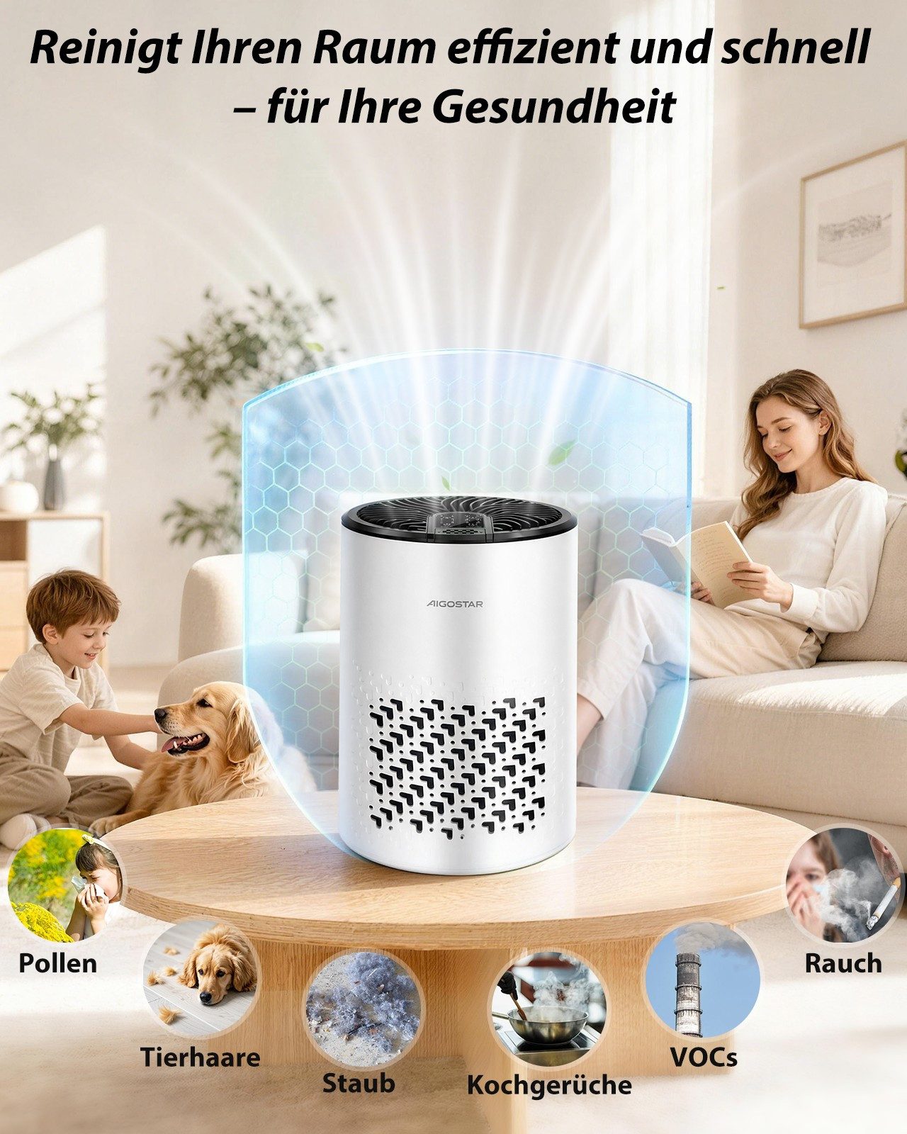 Aigostar Luftfilter 15dB Luftreiniger Energiesparend, 4-fach HEPA-Filter& Profi-Aktivkohle, 15dB Air Purifier, mit Schlafmodus, Aromatherapie, Energiesparend – Bild 4 von 5