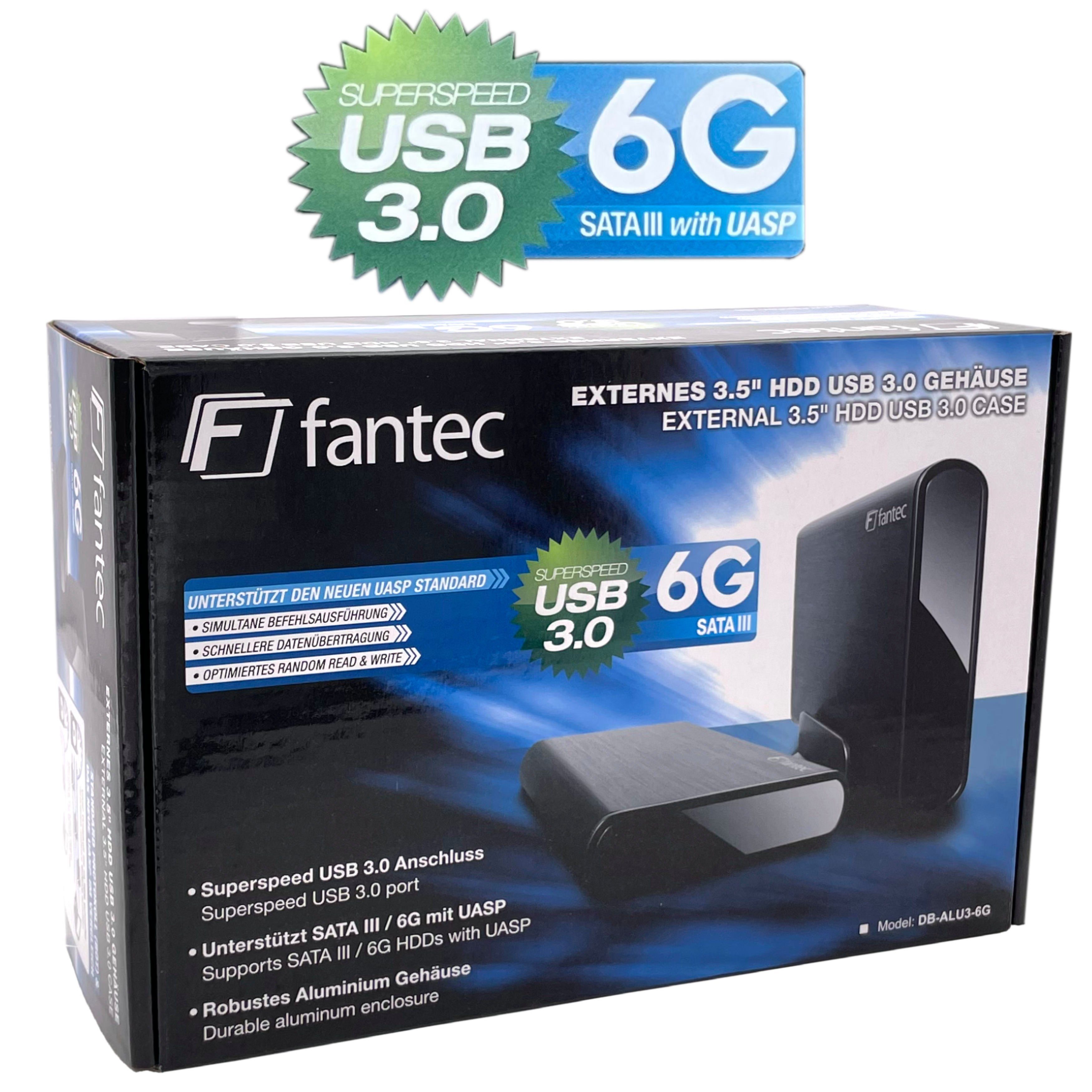 FANTEC Festplatten-Gehäuse Fantec DB-ALU3-6G externes 3.5 Zoll HDD USB 3.0 Gehäuse, schwarzes Aluminiumgehäuse, geeignet für 3.5" SATA I / II / III Festplatten