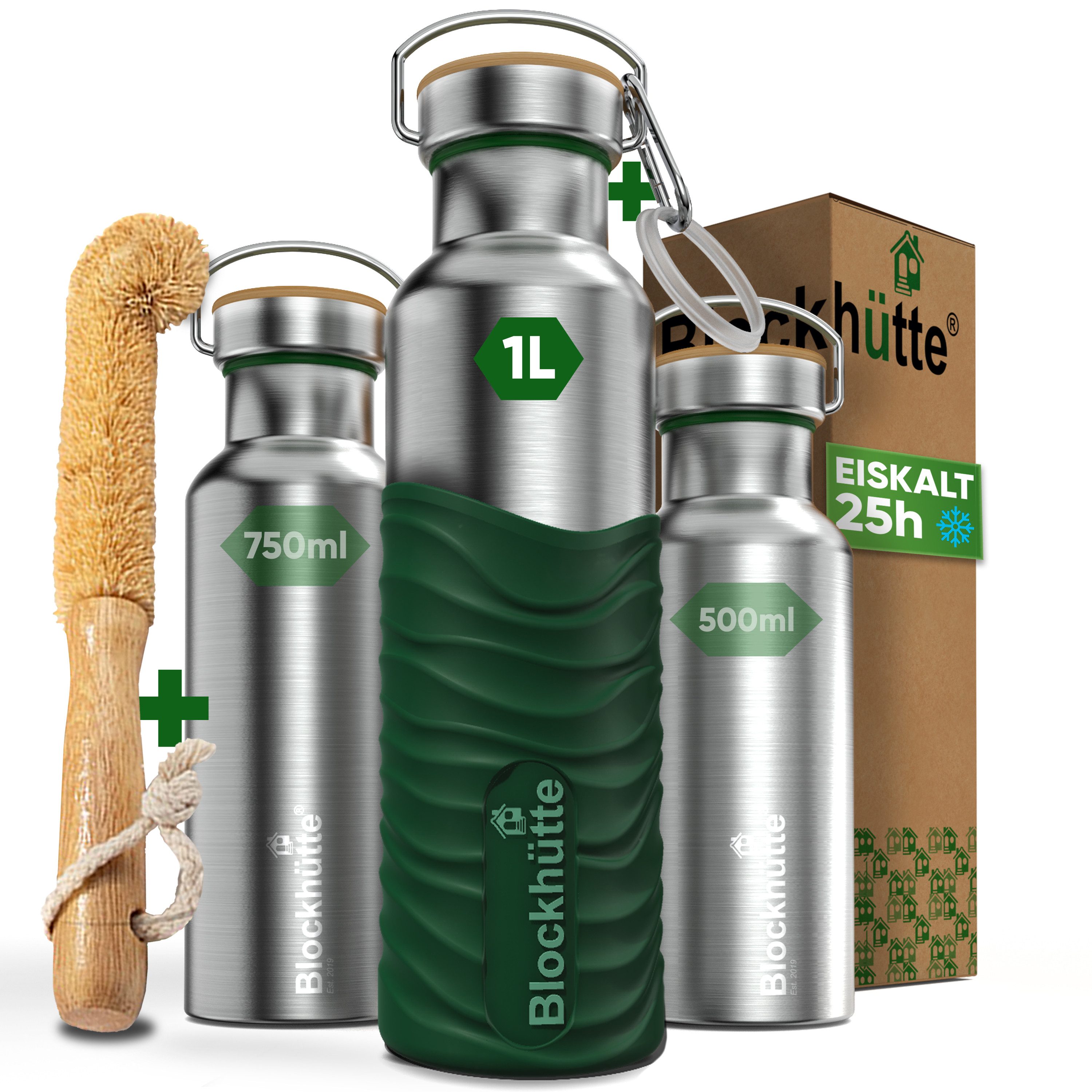 Blockhütte Isolierflasche mit Bambusdeckel - Trinkflasche auslaufsicher - Trinkflasche Edelstahl, 13 Stunden heiß, 25 Stunden kalt