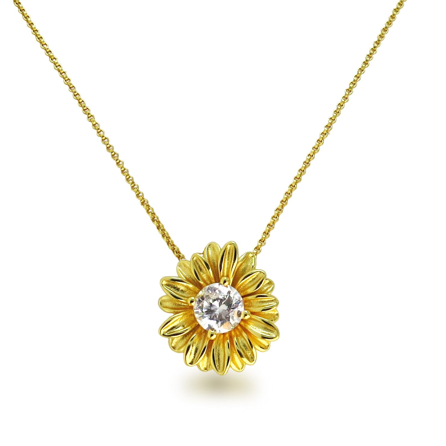 Schöner-SD Kette mit Anhänger Blüte 15 mm Kette 925 Silber vergoldet oder silbern mit Zirkonia, Blumen-Form
