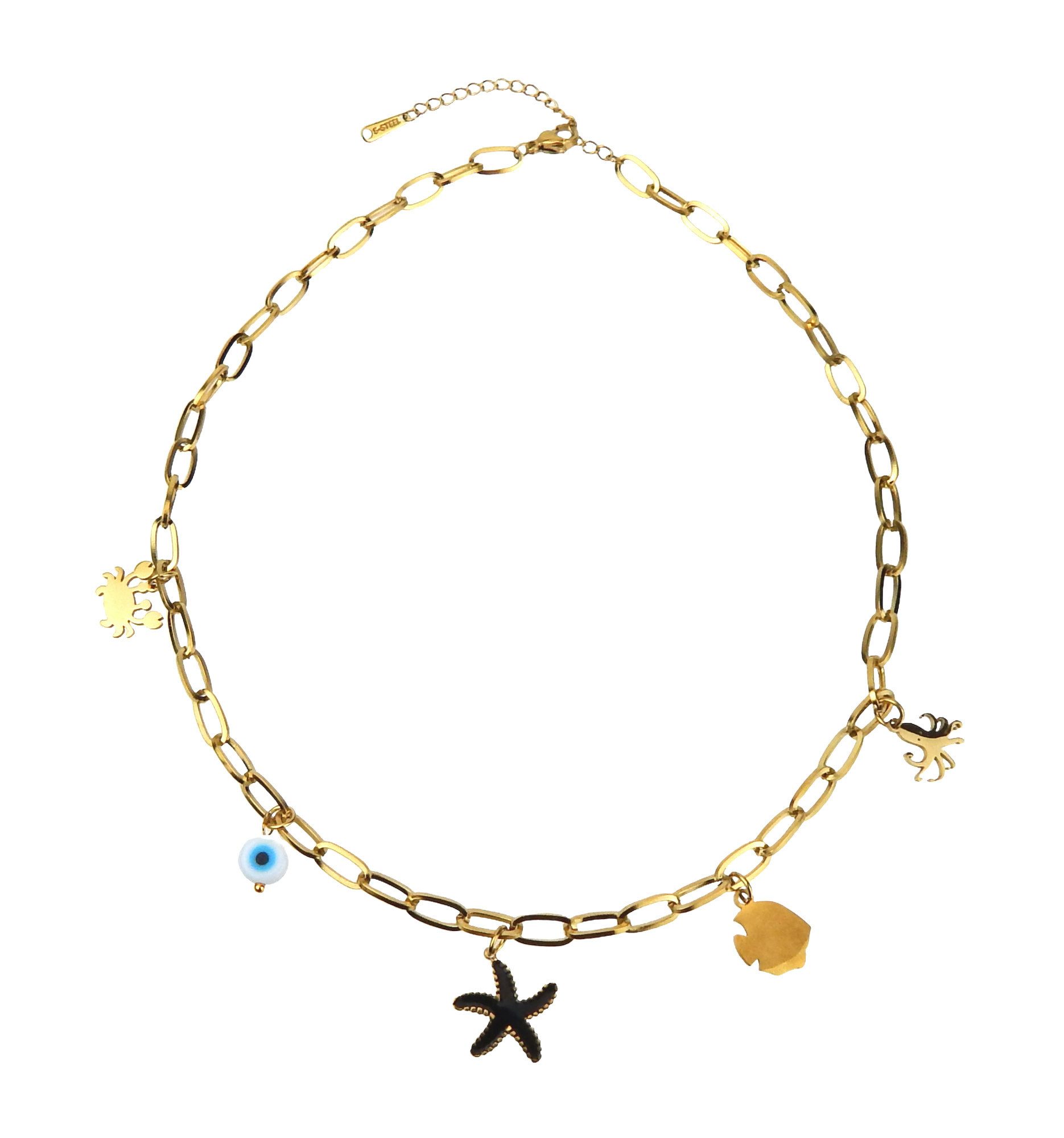 Ella Jonte Edelstahlkette, maritime Multi-Charm Boho-Halskette mit Evil-Eye