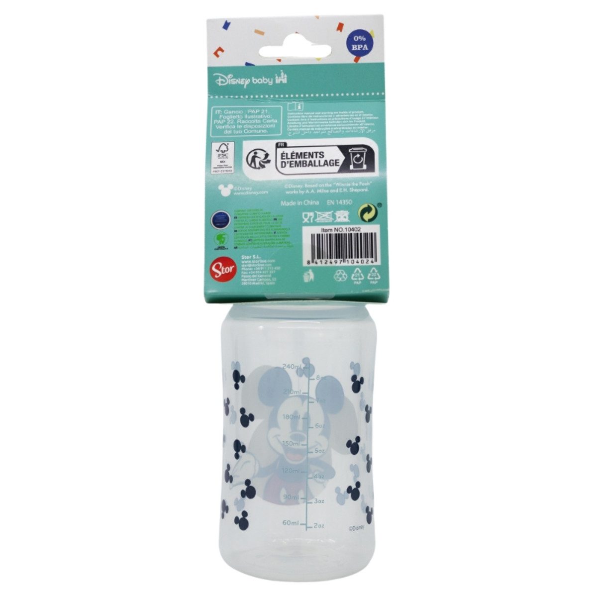 Disney Mickey Mouse Babyflasche 240 ml Weithalsflasche mit Silikon-Sauger & 3 Positionen