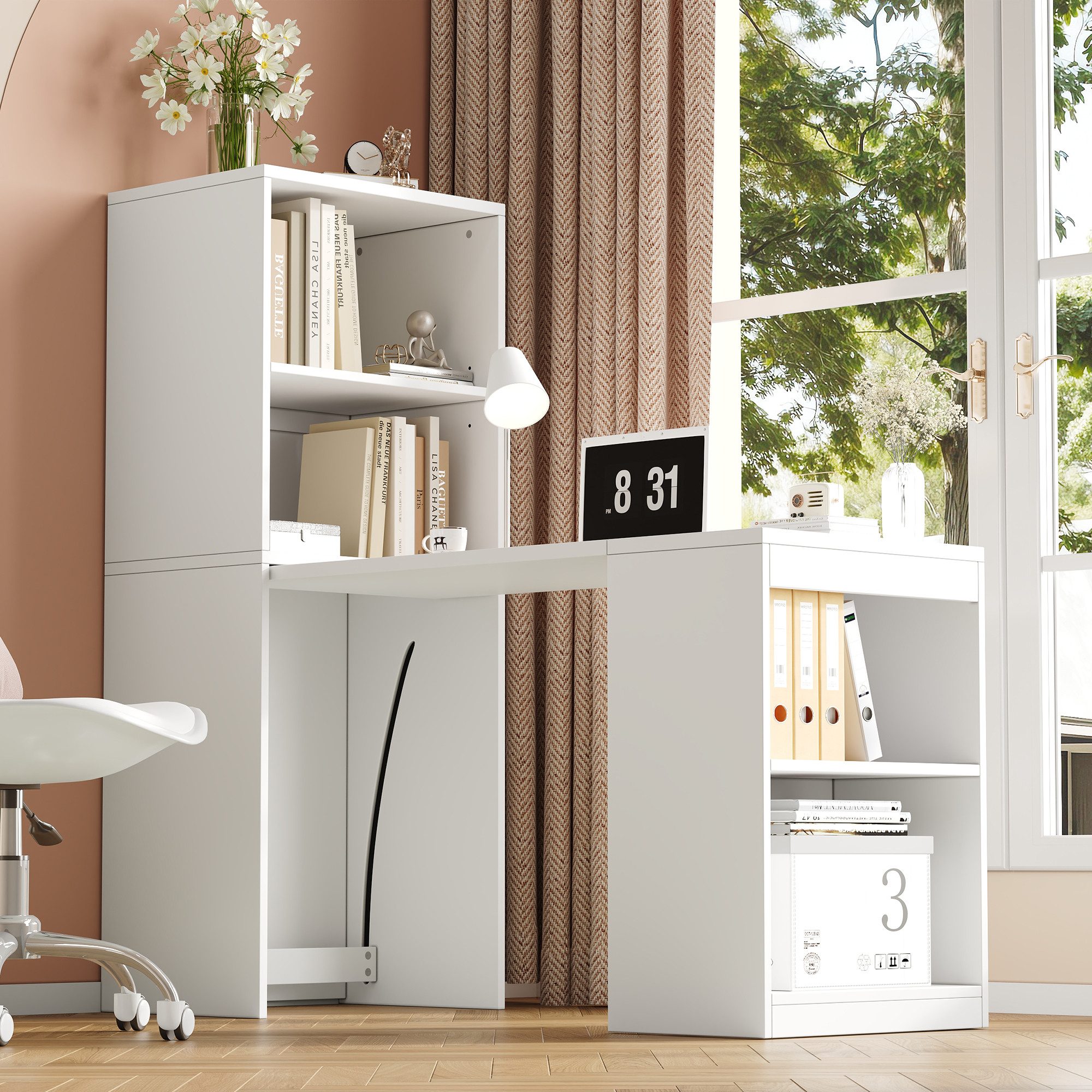 Flieks Regal-Schreibtisch 2-in-1 Multifunktionaler Klapptisch mit Rollen/Bücherregal mit Fächern (Tischplatte: 90x51 cm, Standregal: 55x40x137 cm, Gesamtlänge 130 cm, 1-St., mit verstellbarer Einlegeböden), Computertisch Eckschreibtisch Arbeitstisch Bürotisch mit Regalen Weiß