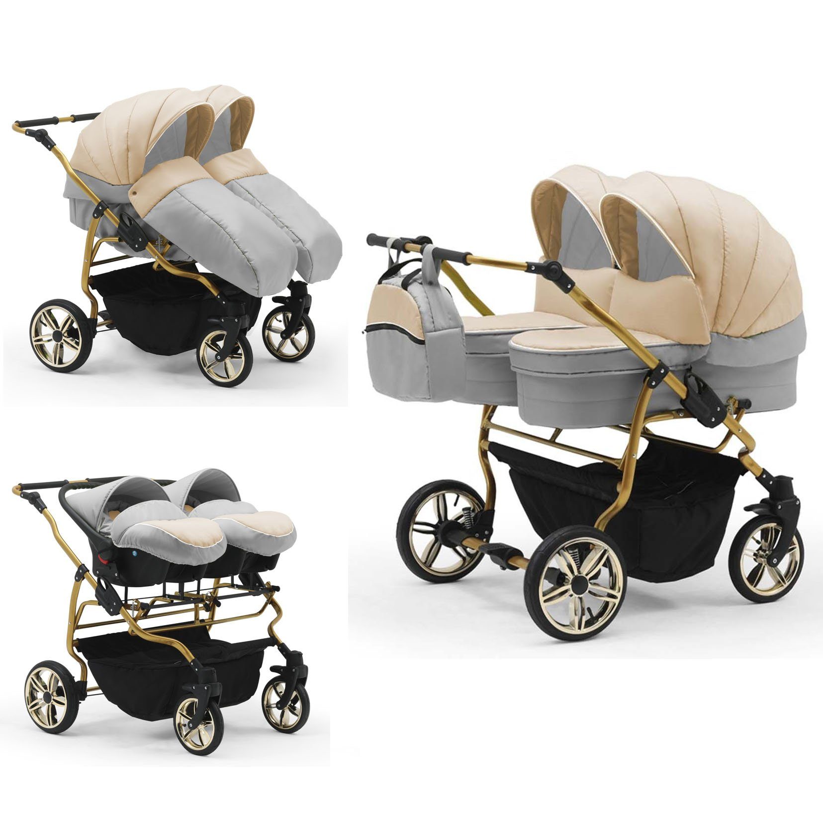 babies-on-wheels Zwillingswagen Duet Lux Gold 3 in 1 inkl. Autositze - 13 Teile - in 33 Farben Beige-Grau