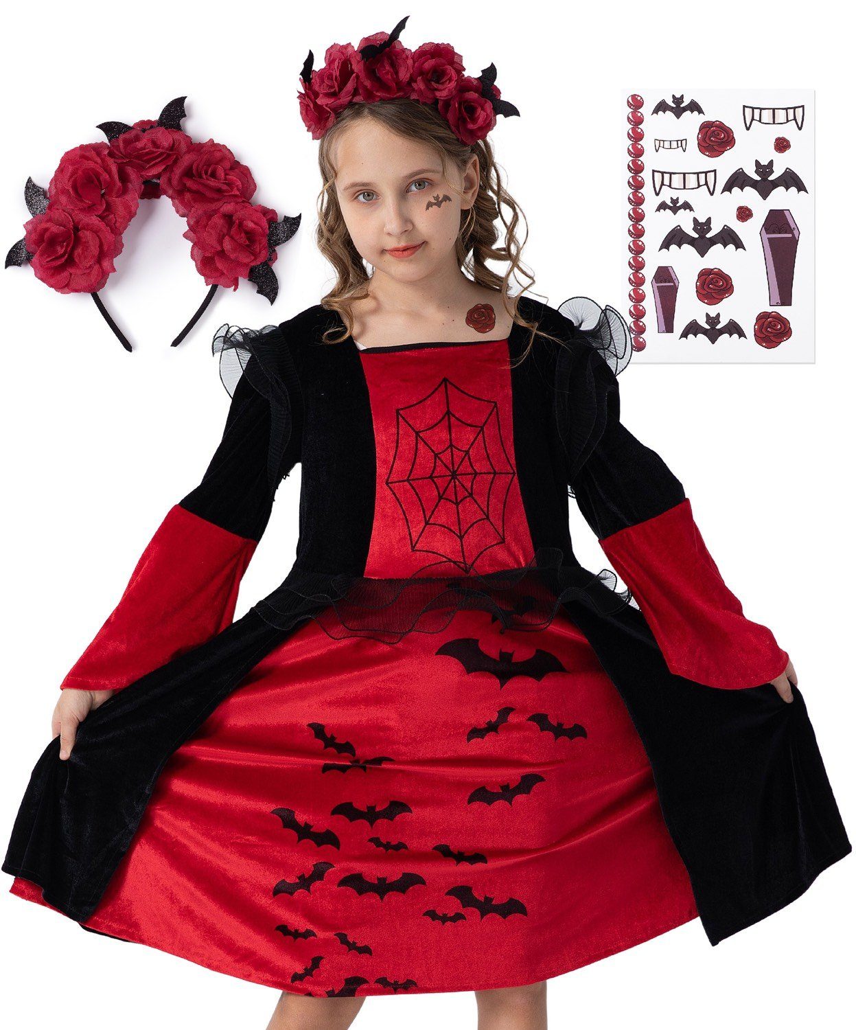 Corimori Vampir-Kostüm Kleid für Halloween, Set für Kinder, mit Zubehör, Mit Haarreif, Klebe-Tattoos für Mädchen, Fasching, Karneval