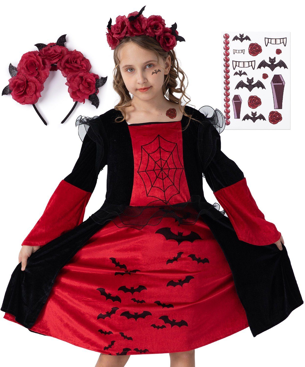 Corimori Vampir-Kostüm Vampir Halloween-Kostüm Set Kinder-Kleid, Karneval,  Mit Haarreif, Klebe-Tattoos für Mädchen, Fasching, Geschenkidee