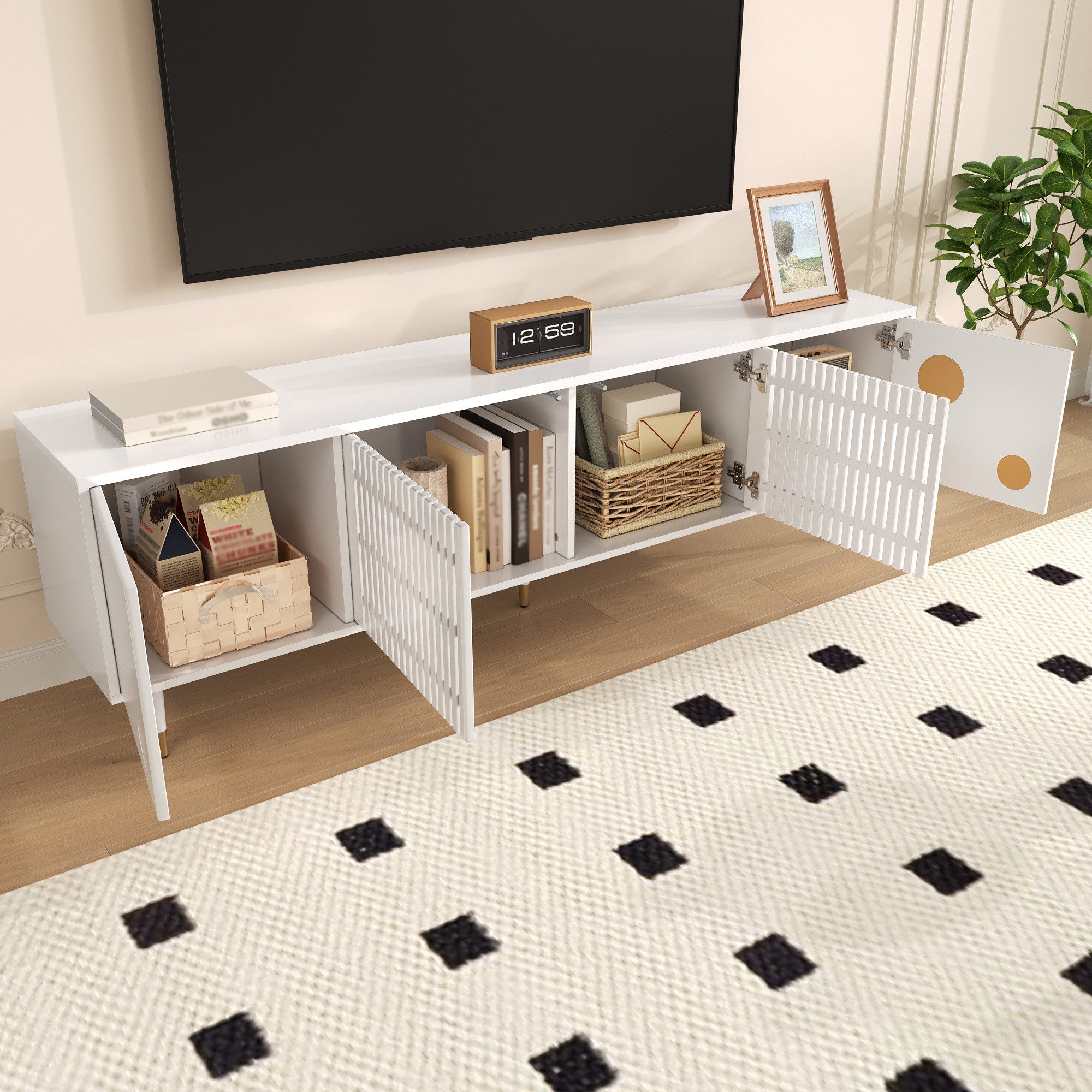 Merax Lowboard mit Goldakzenten (1 St., 170 L x 36 B x 54 H(cm), TV-Schrank mit 4 Türen,Kippschutz,Stauraum & verstellbare Metallfüße