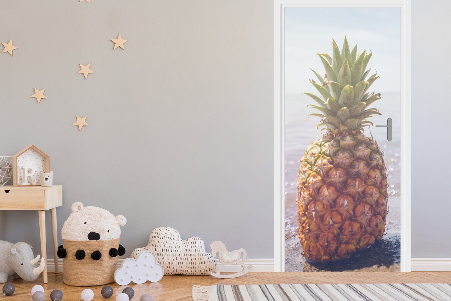 Ananas St), für bedruckt, cm 75x205 - Türaufkleber, (1 - MuchoWow - Matt, Türtapete Sommer Fototapete Sonne, Tür, Strand