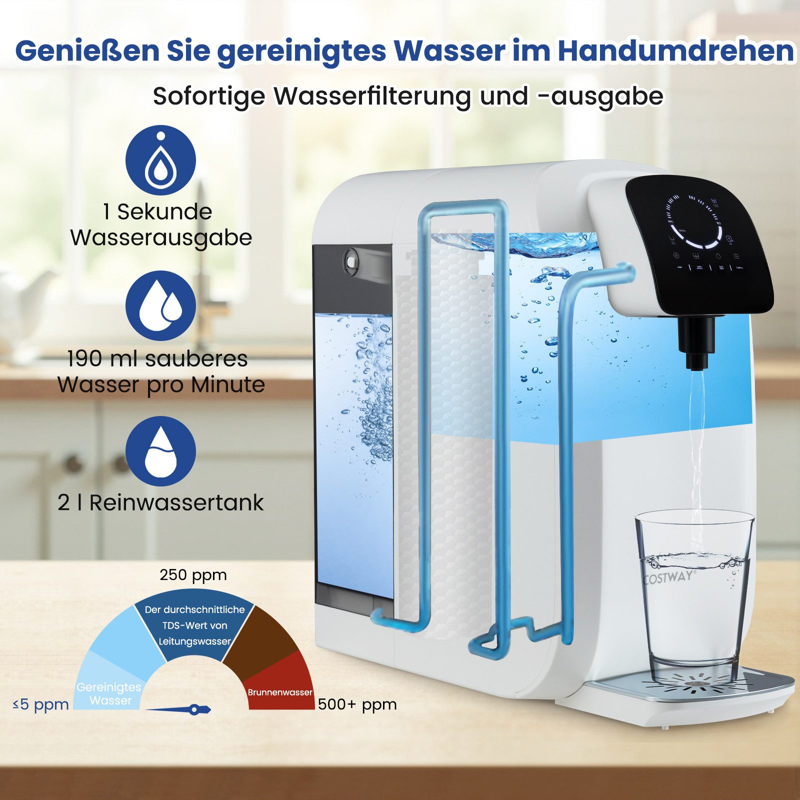 COSTWAY Wasserfilter, 5-stufiges RO+PPC System mit UV-Licht