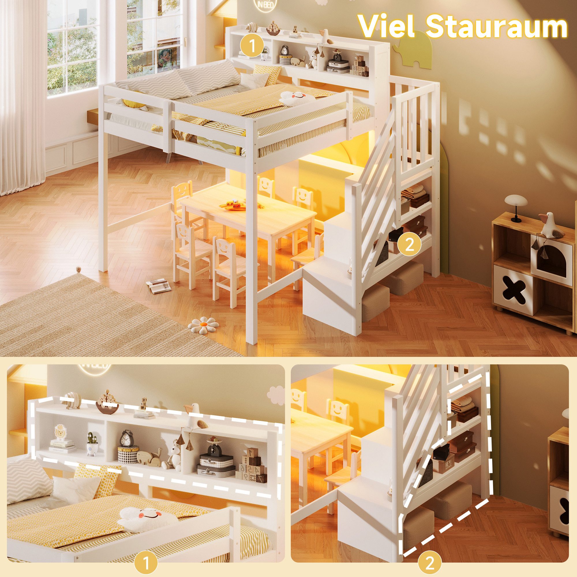 Merax Hochbett mit LED-Beleuchtung (1-St., Massivholz Jugendbett Einzelbett) Kinderbett 140x200cm mit Stauraumtreppe, Lagerregalen & Staufächern – Bild 5 von 5