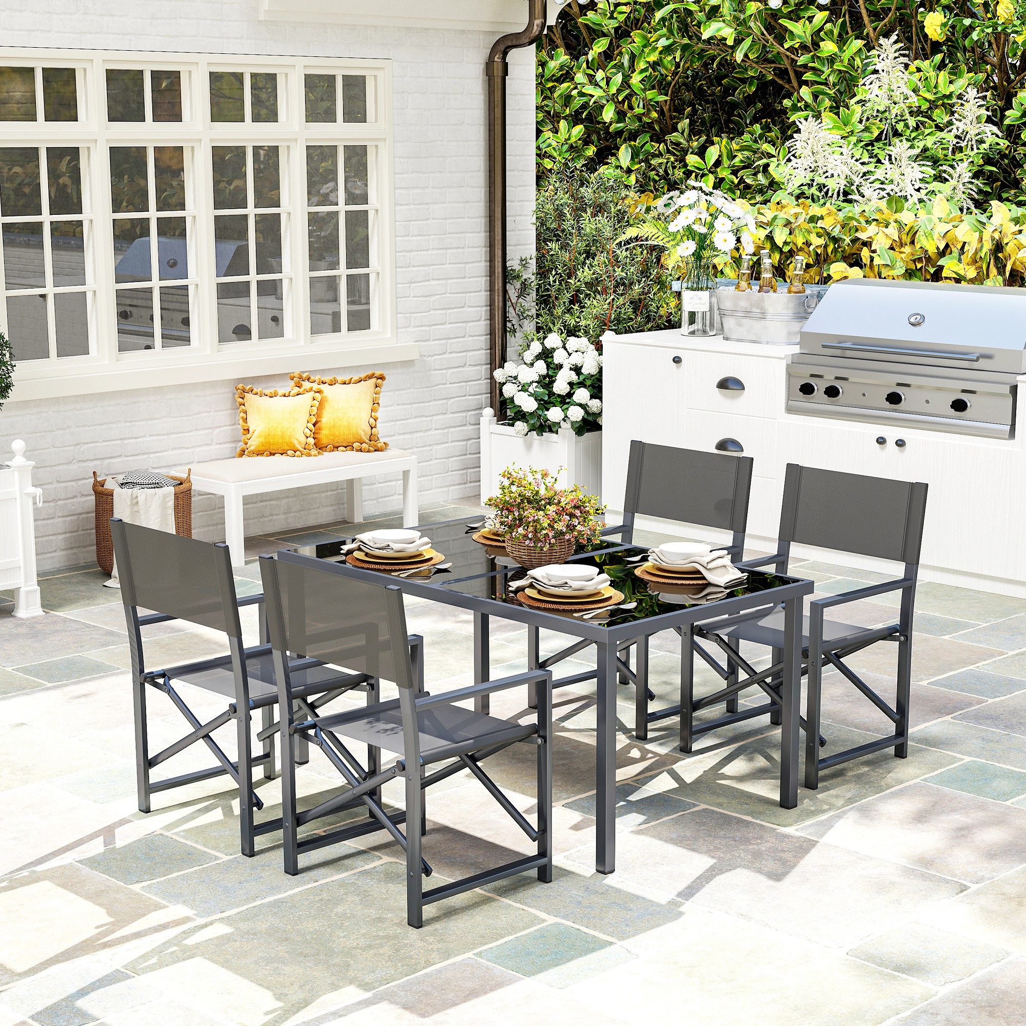Outsunny Garten-Essgruppe für 4 Personen, mit 4 klappbar Stühlen, Glastisch, (Gartenmöbel-Set aus Stahl, 5-tlg., Sitzgruppe), für Terrasse, Balkon Grau