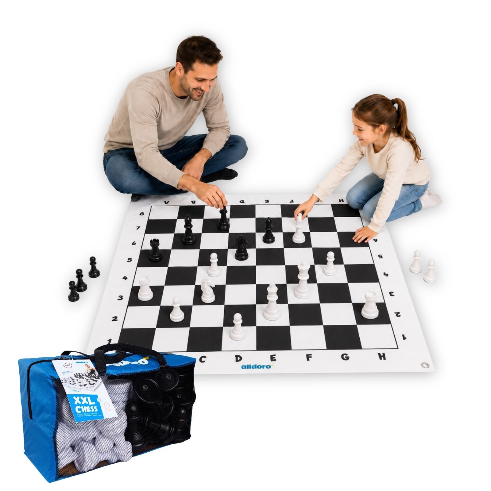 alldoro Spiel XXL Schach, großes Schachspiel für drinnen & draußen, Brettspielklassiker im Jumbo Format mit 150 x 150 cm großem Spielfeld