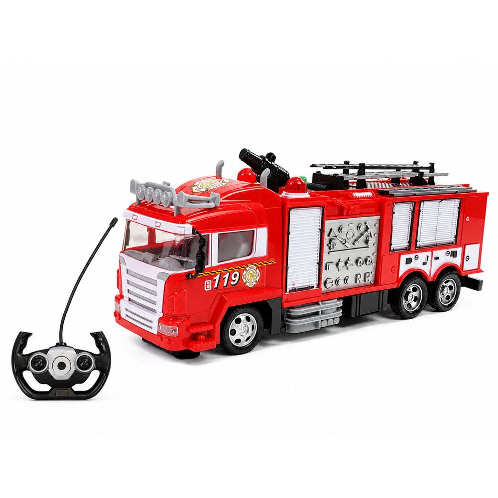 LEAN TOYS RC-Auto Feuerwehrauto Löschfahrzeug Einsatzfahrzeug (Spar-Set, 1-tlg., 30 x 12 x 10 cm wendig), Wasserspritzfunktion, Leiter, Akkubetrieb, ab 3 Jahren