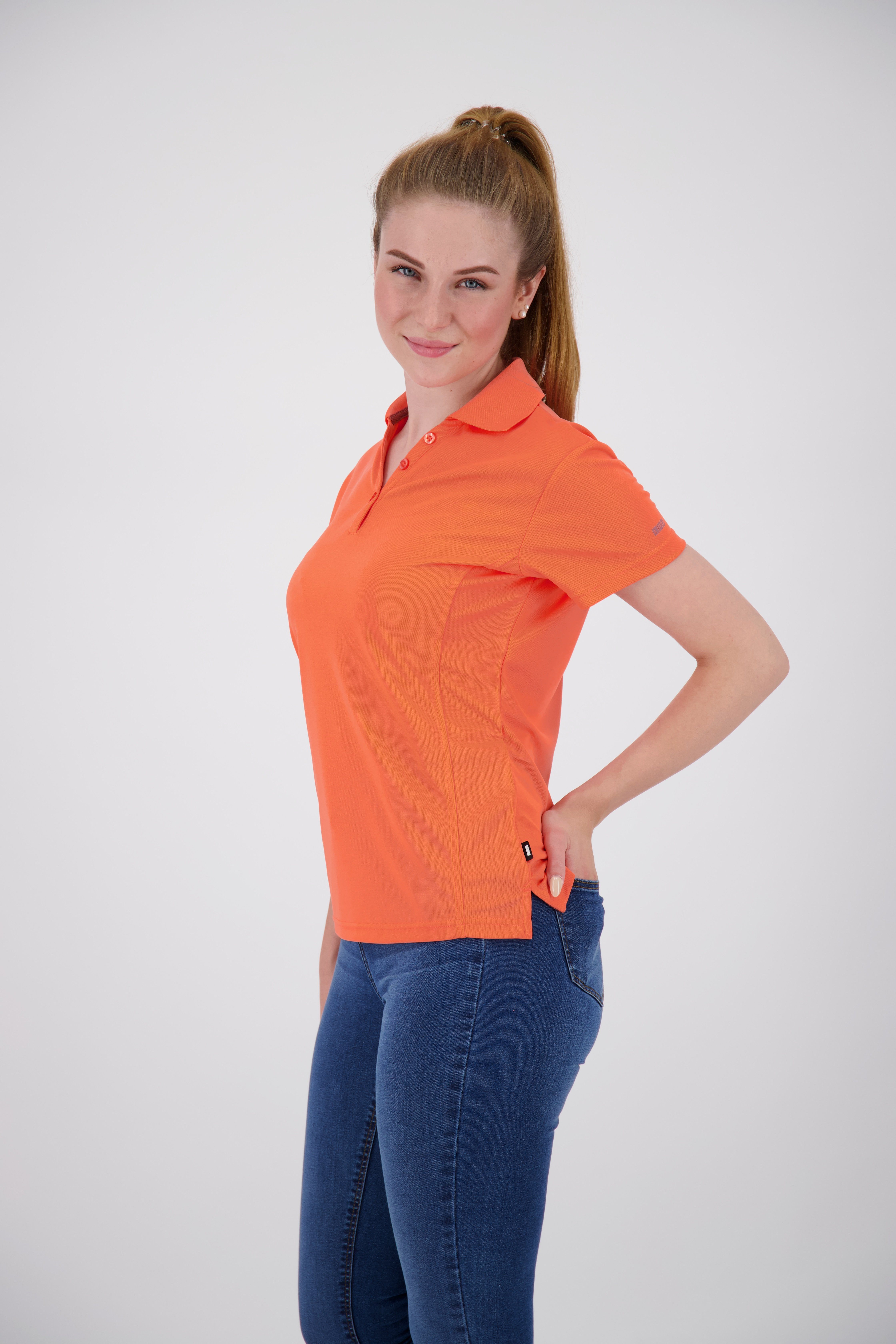 WOMEN Kunstfaser HEDLEY Poloshirt NEW Active orange 100% aus 3F-Funktions-Piqué II DEPROC Recycling