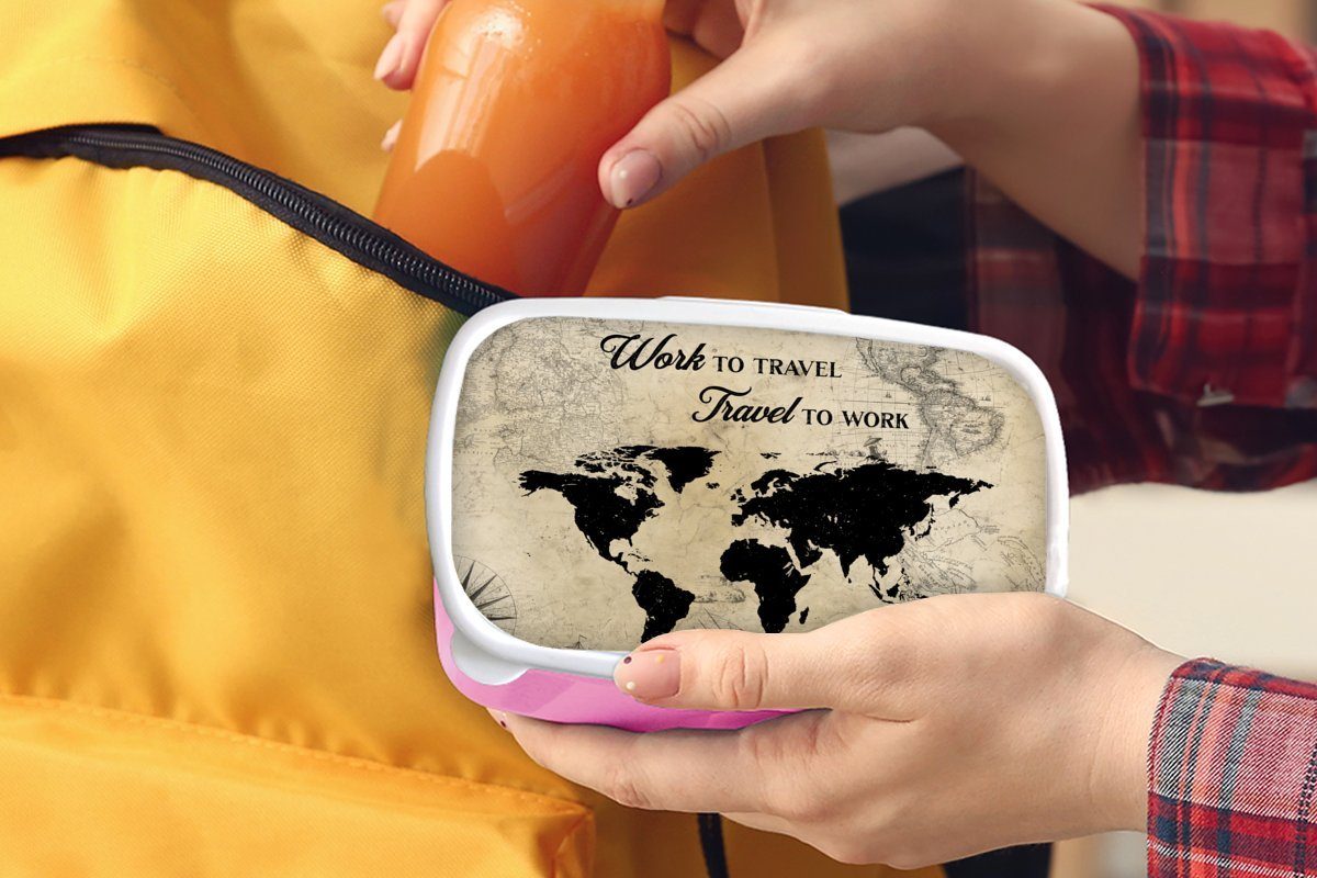 MuchoWow Lunchbox Karte - Reisen Brotdose Mädchen, Retro, Kunststoff Snackbox, Zitat Erwachsene, - (2-tlg), - Kinder, Brotbox Kunststoff, für rosa