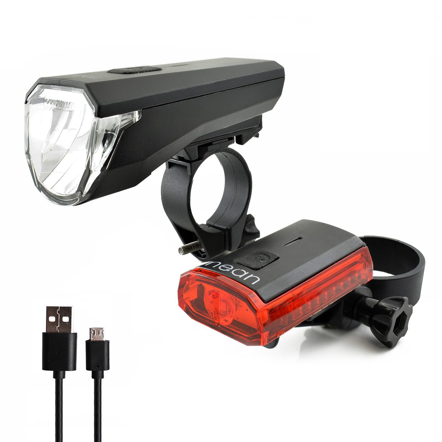 nean Fahrradbeleuchtung Set mit Akku und StVZO-Zulassung, 50 Lux, 4 Candela, mit 3 Helligkeitsstufen und USB-Ladebuchsen, abnehmbar