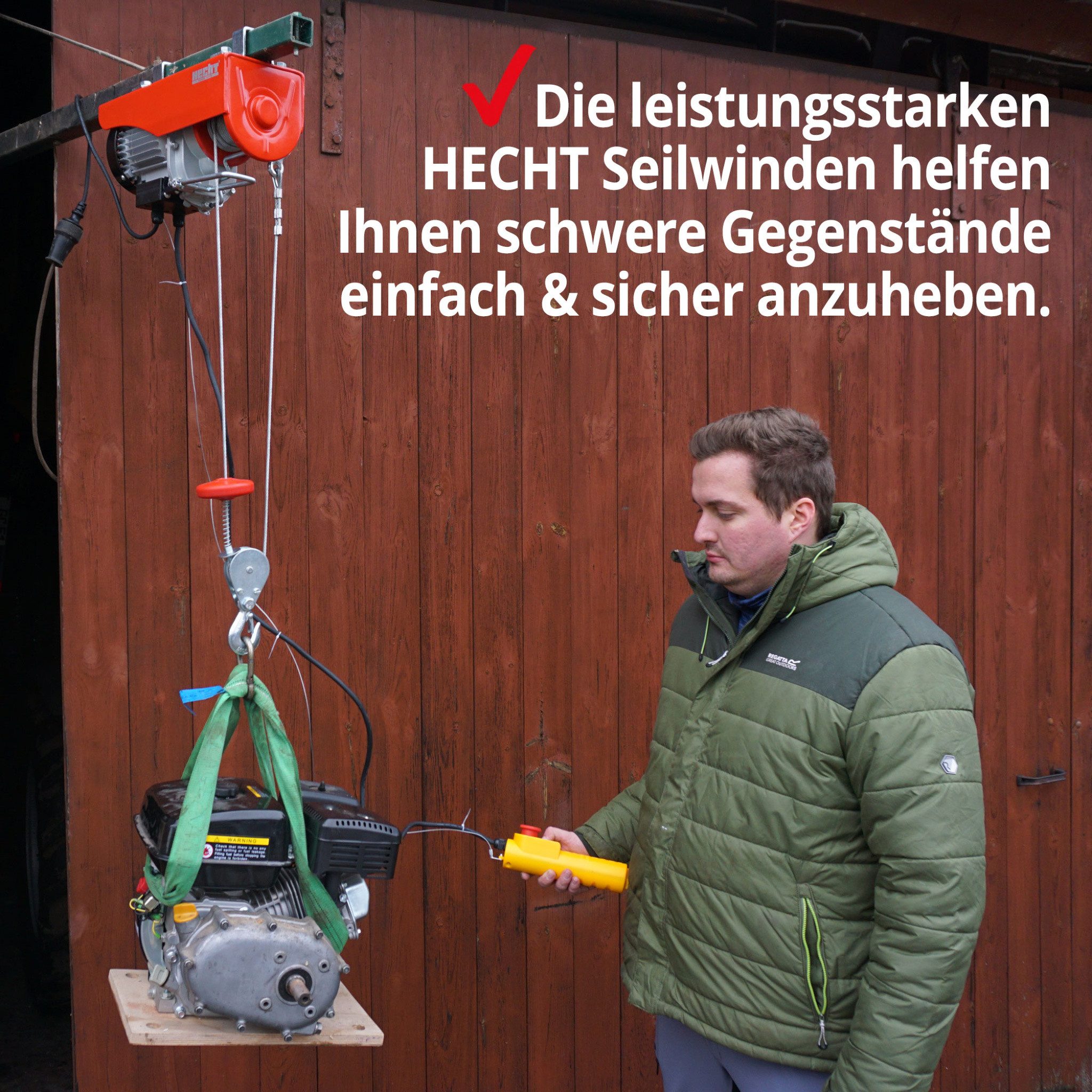 Hecht Seilwinde 125-250 kg Zugkraft, 450W, 3 mm Stahlseil, 4-8 m/min, 6-12m Hubhöhe, Not-Aus-Schalter, 1,5m Steuerkabel