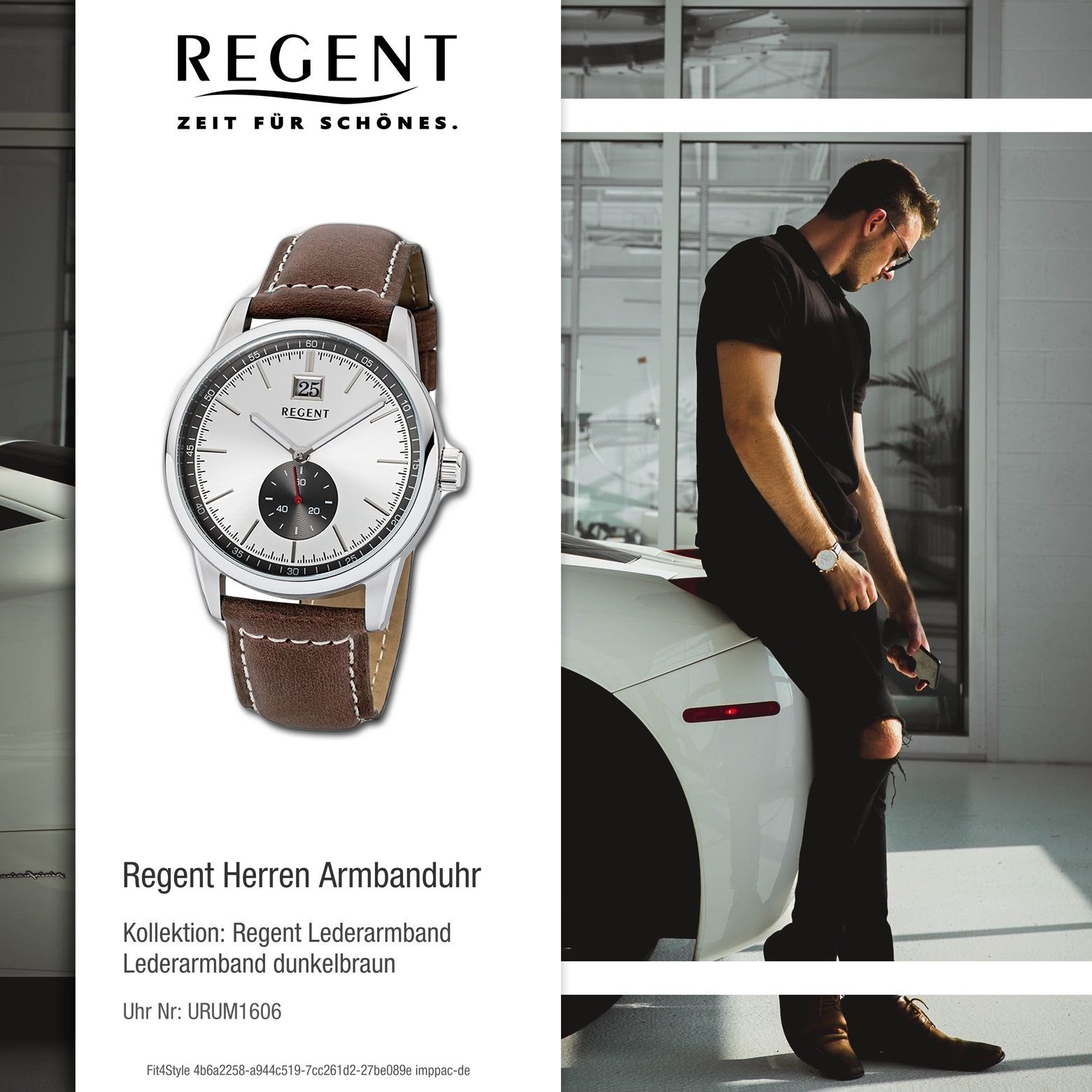 Regent Quarzuhr Regent Herren-Armbanduhr Armbanduhr rund, 42mm), Herren (ca. Lederarmband dunkelbraun, groß