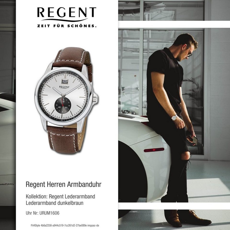Regent Quarzuhr Regent Herren-Armbanduhr dunkelbraun, Herren Armbanduhr  rund, groß (ca. 42mm), Lederarmband