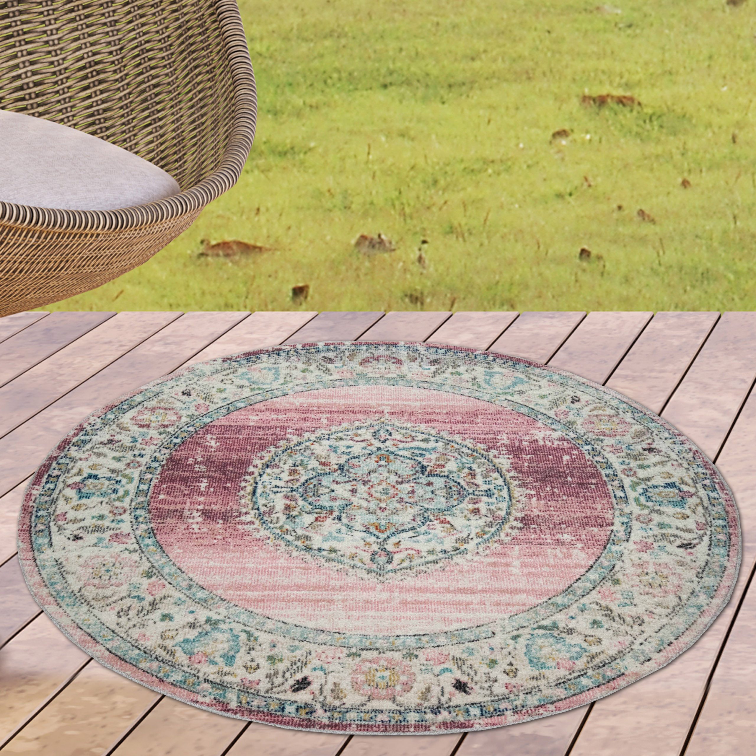 Carpetia Outdoorteppich In- und Outdoor, rund, Höhe: 5 mm, mit orientalischem Vintage-Ornamentmuster
