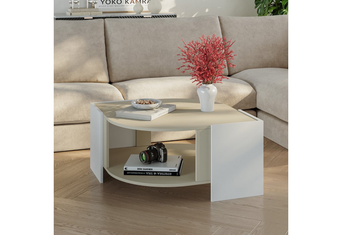 en.casa Couchtisch, »Klipsari« 75 x 75 x 40 cm mit Stauraum Weiß/Sandfarben