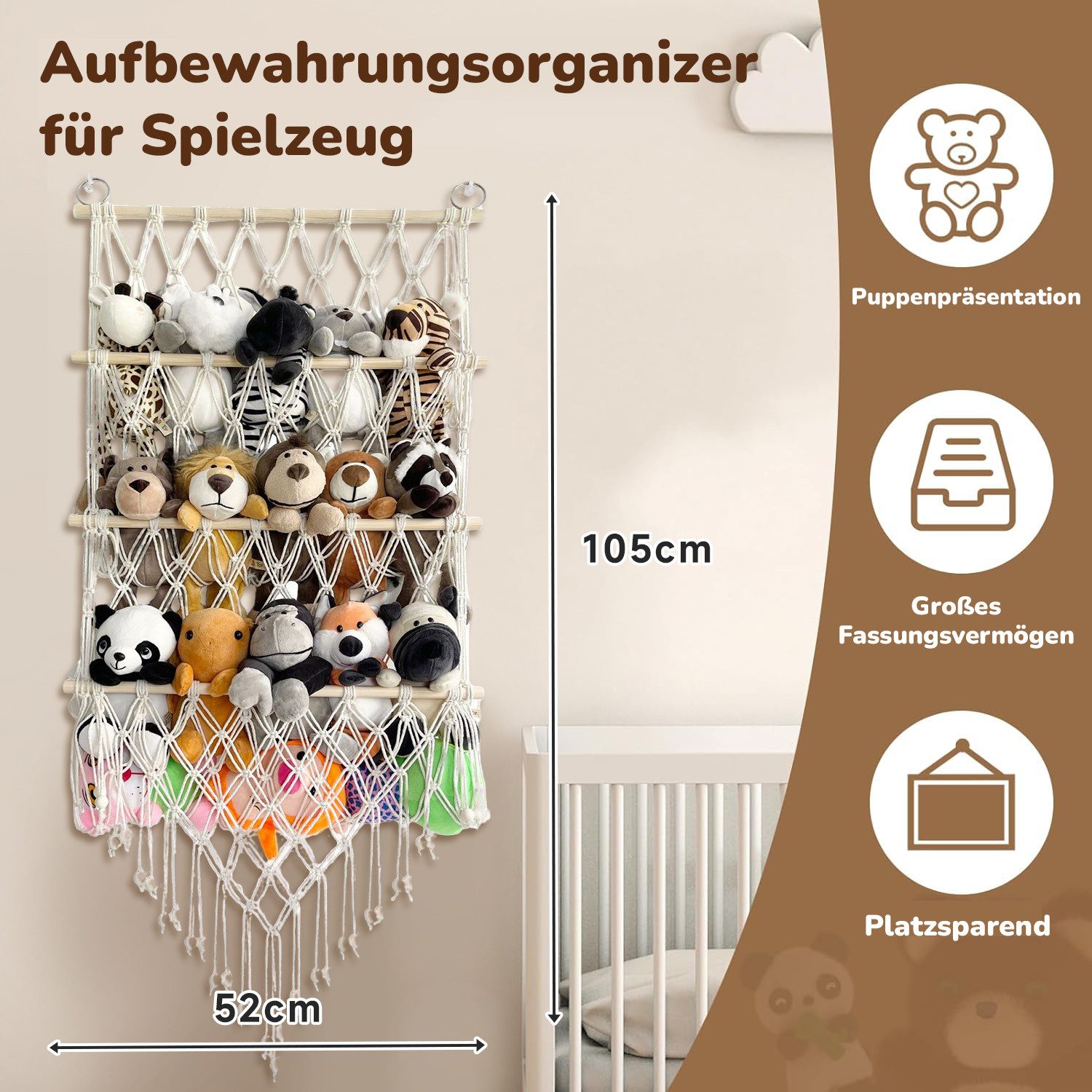 Refined Living Hängekorb Hängeregal 3 Etagen Kuscheltier Hängeorganizer Hängeaufbewahrung (Wandregal Wand-Organizer Handgewebtes Baumwollseil Boho-Makramee, 1 St., Stofftier Spielzeug Hängematte Kuscheltier Aufbewahrung über der Tür), Wand Aufbewahrungsnetz für Kinderzimmer, Spielzimmer, Schlafzimmer