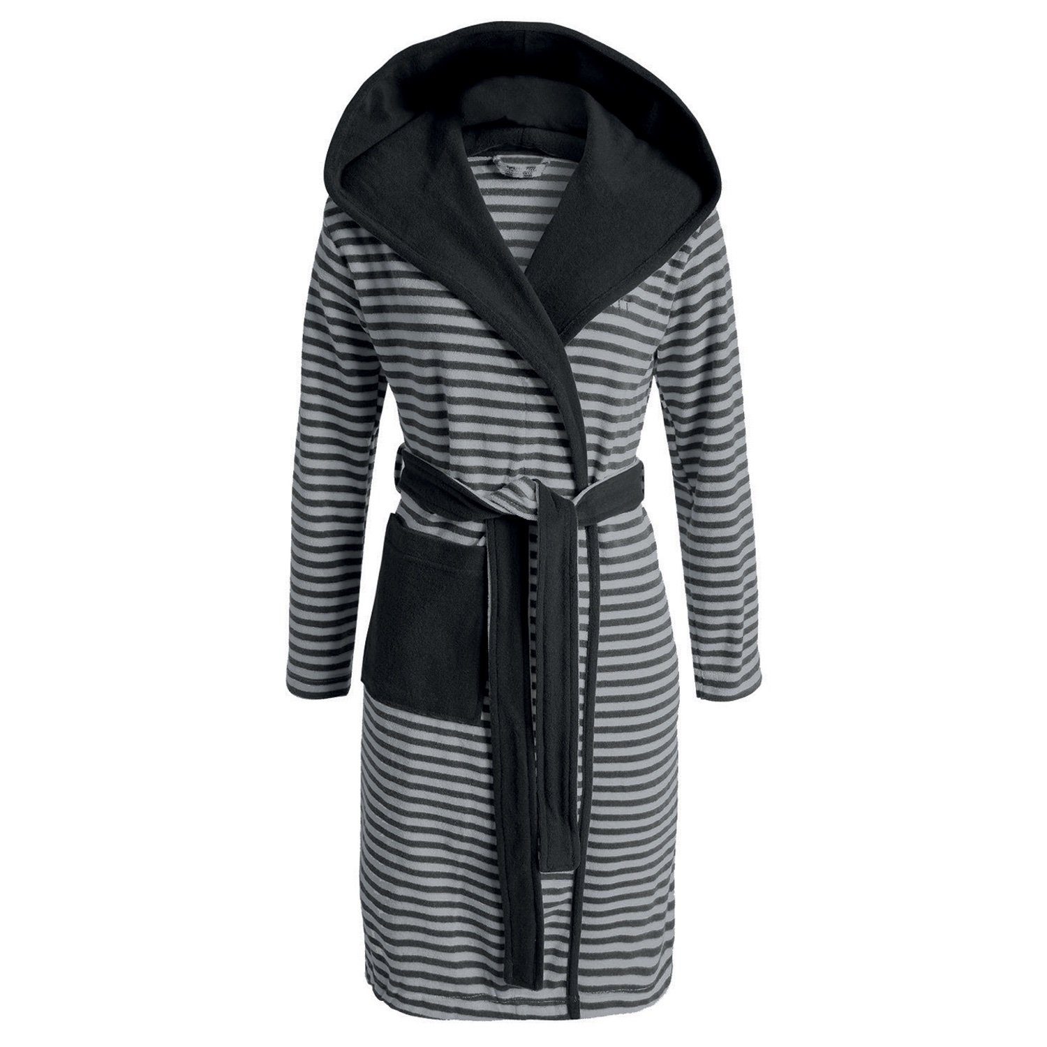 Esprit Bademantel Striped Kimono Morgenmantel, Anthracite Baumwolle, mit knielang, Bademantel, Kapuze, Kapuze, Gürtel