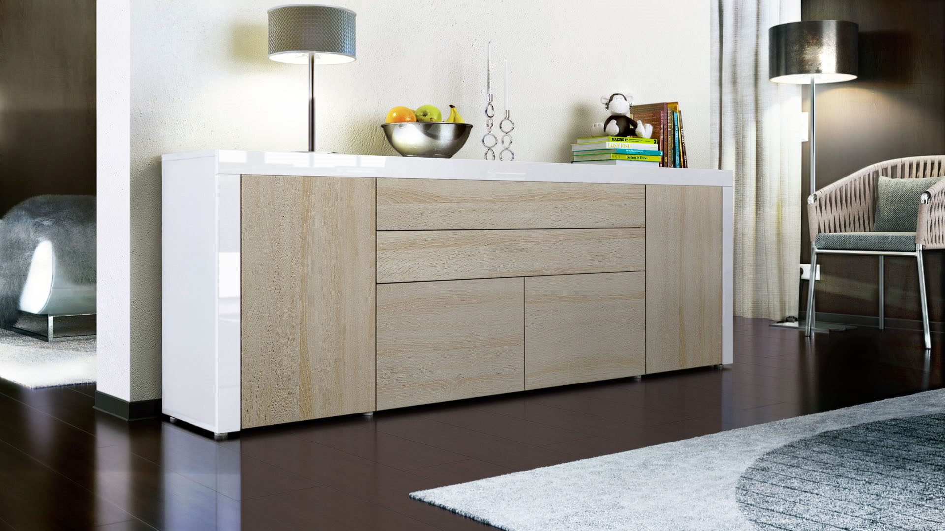 Vladon Sideboard La Paz V2 (Kommode mit 2 Türen, 2 Schubkästen und 2 Klappen, Korpus Weiß matt), Front Eiche sägerau & Weiß Hochglanz (200 x 72 x 35 cm)