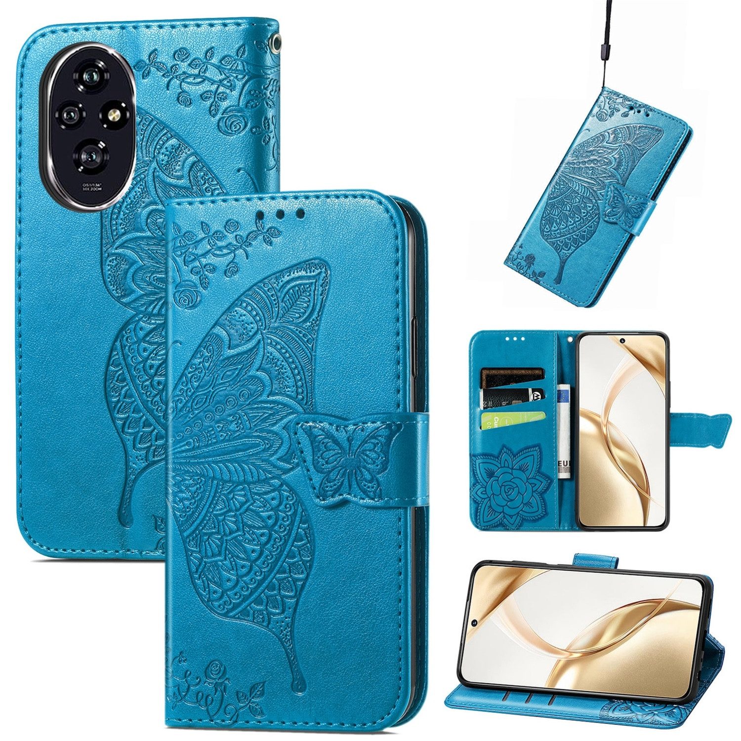 Wigento Smartphone-Hülle Für Honor 200 Kunstleder Wallet Tasche Design Schmetterling Hülle Blau, Kunst-Leder Schutzhülle Smart Case Cover magnetischer Verschluss