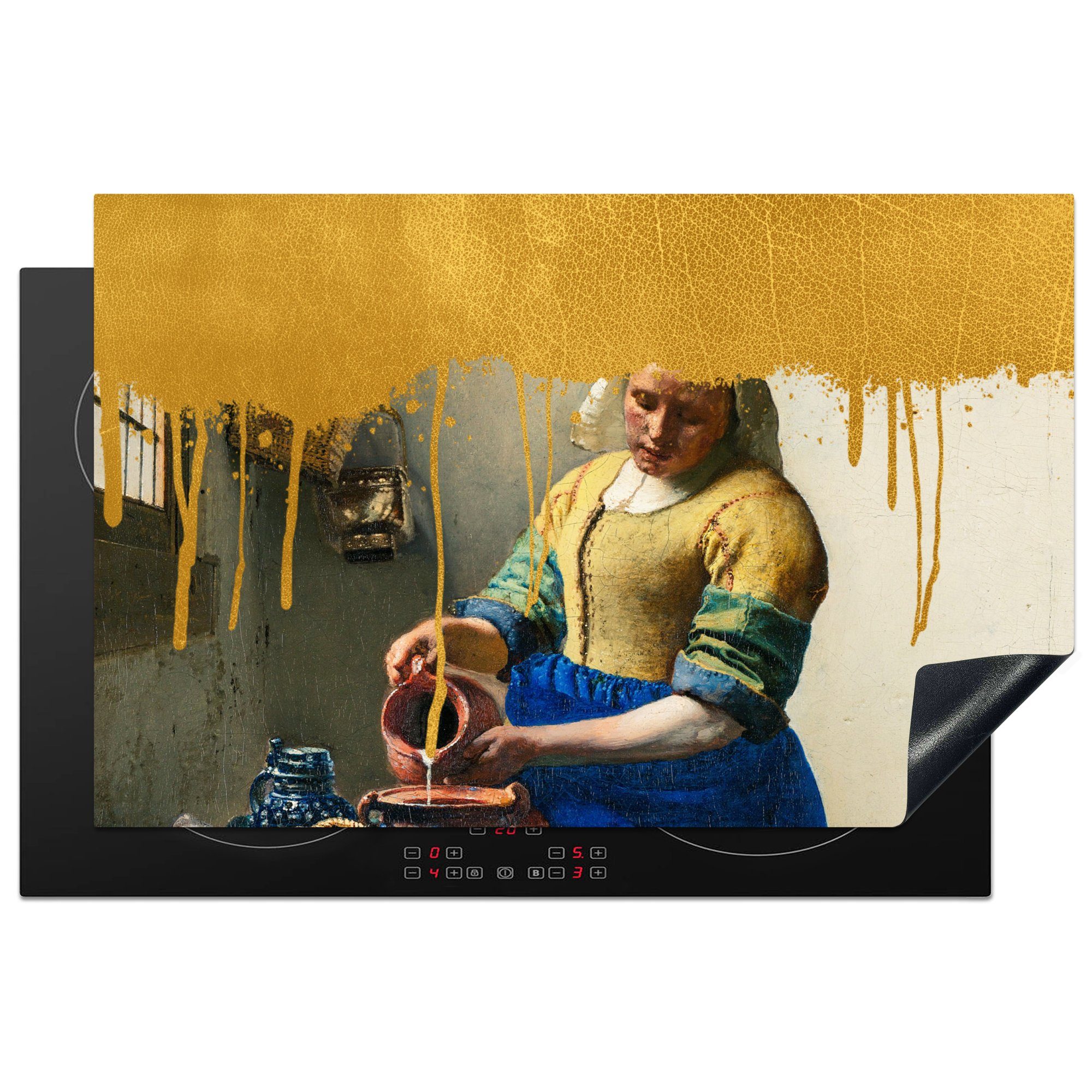 MuchoWow Herdblende-/Abdeckplatte Milchmädchen - Gold - Vermeer, Vinyl, (1 tlg), 81x52 cm, Induktionskochfeld Schutz für die küche, Ceranfeldabdeckung